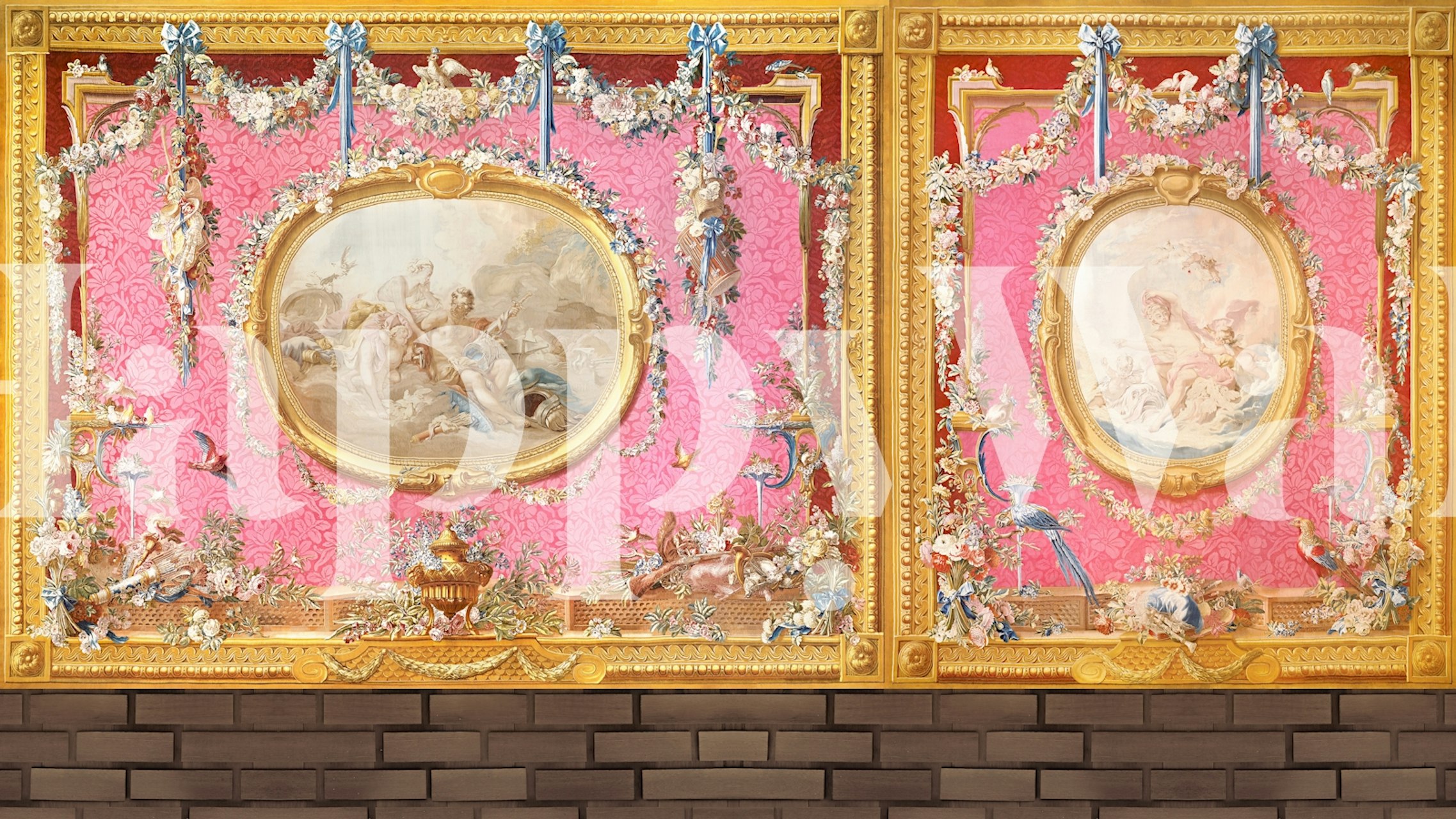 Antique pink floral wallpaper with gold accents and ornate details
