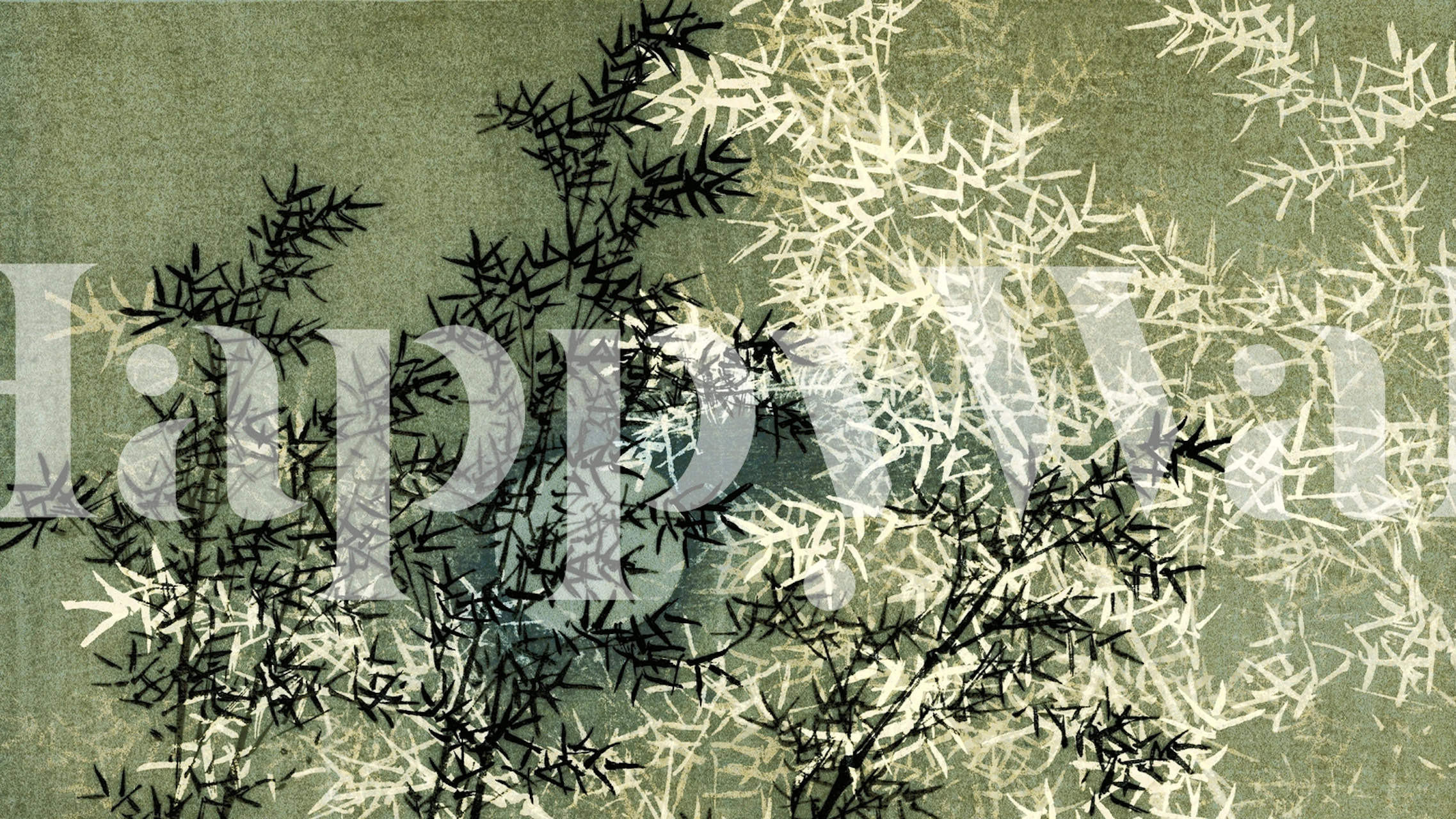 Bamboo leaves in black and white on a textured green background wallpaper