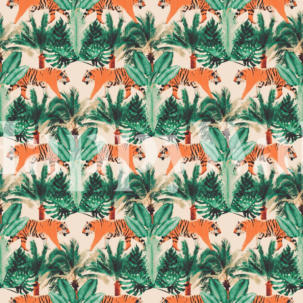 Jungle Tigers wall mural with lush greenery and amber-striped tigers