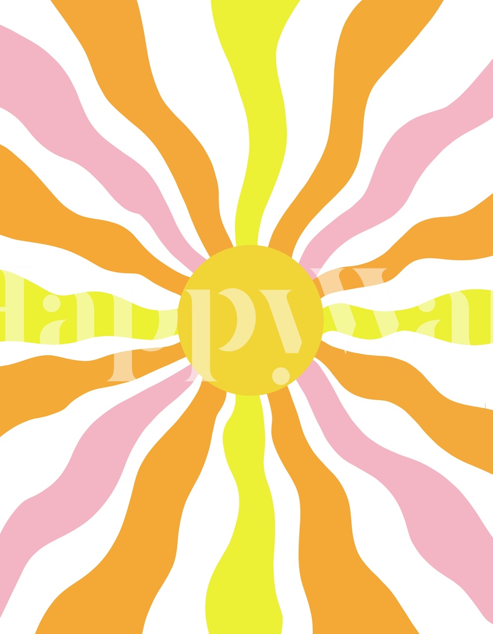 Carta da parati con design a forma di sole ondulato di ispirazione retrò con raggi gialli, arancioni e rosa pastello.