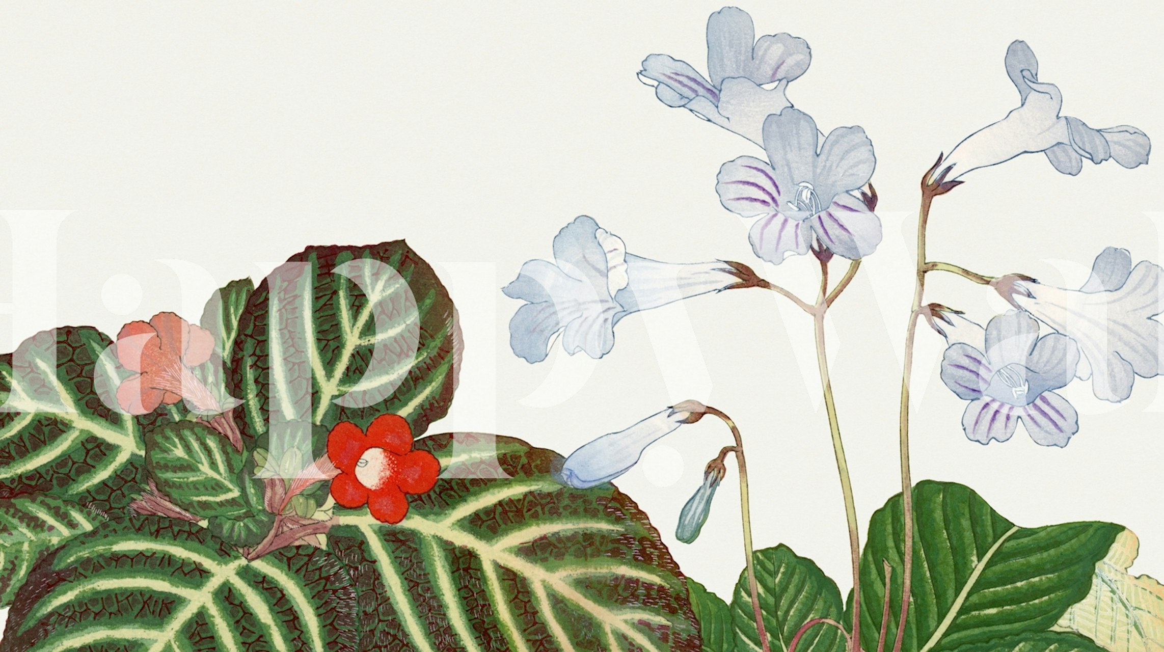 Elegantní japonská květinová nástěnná malba s rozkvetlými jarními květinami a svěžími zelenými listy, ideální pro domácí dekoraci.