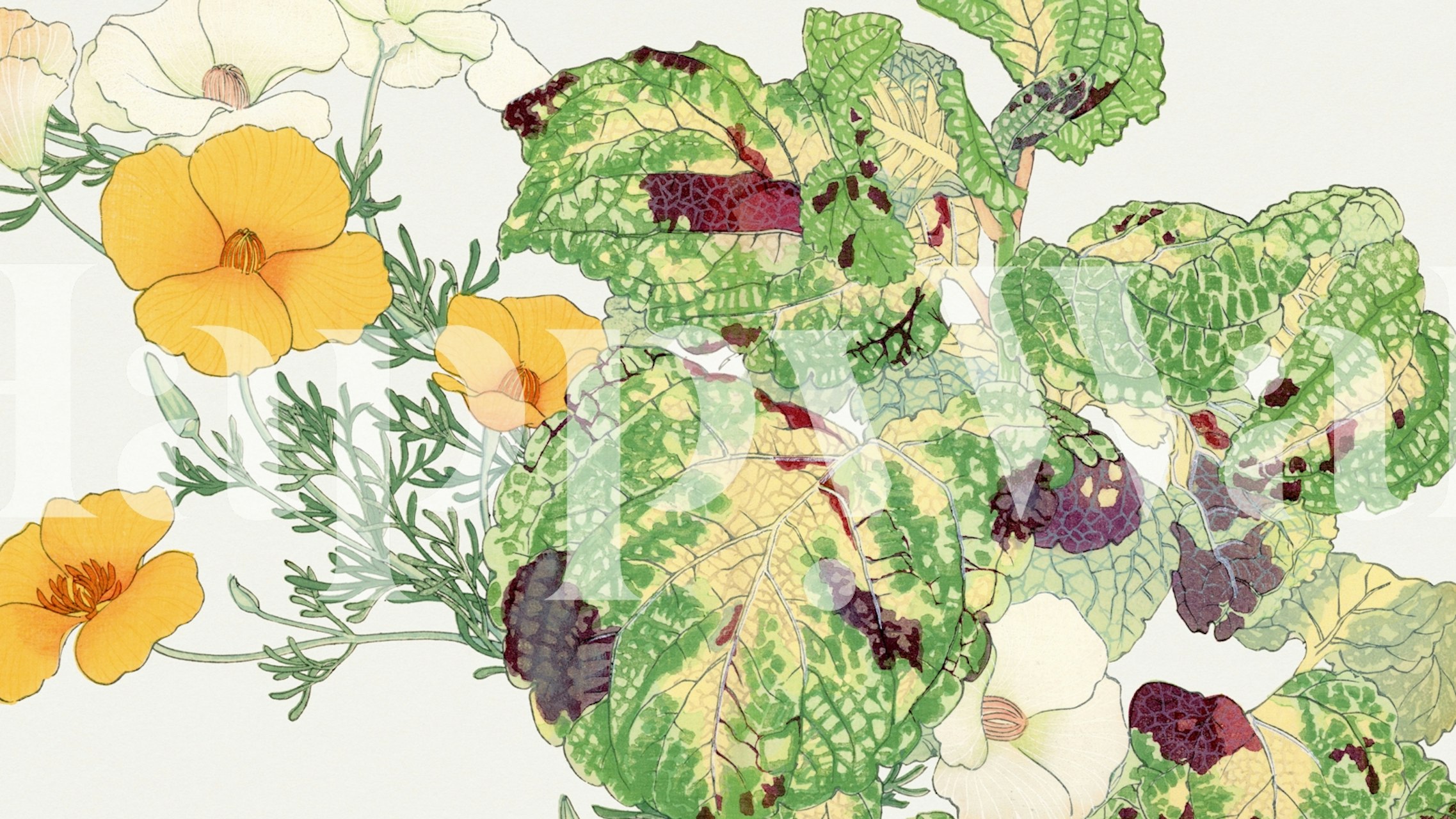 Elegant japansk-inspirert floral veggmaleri med myke gule og grønne toner