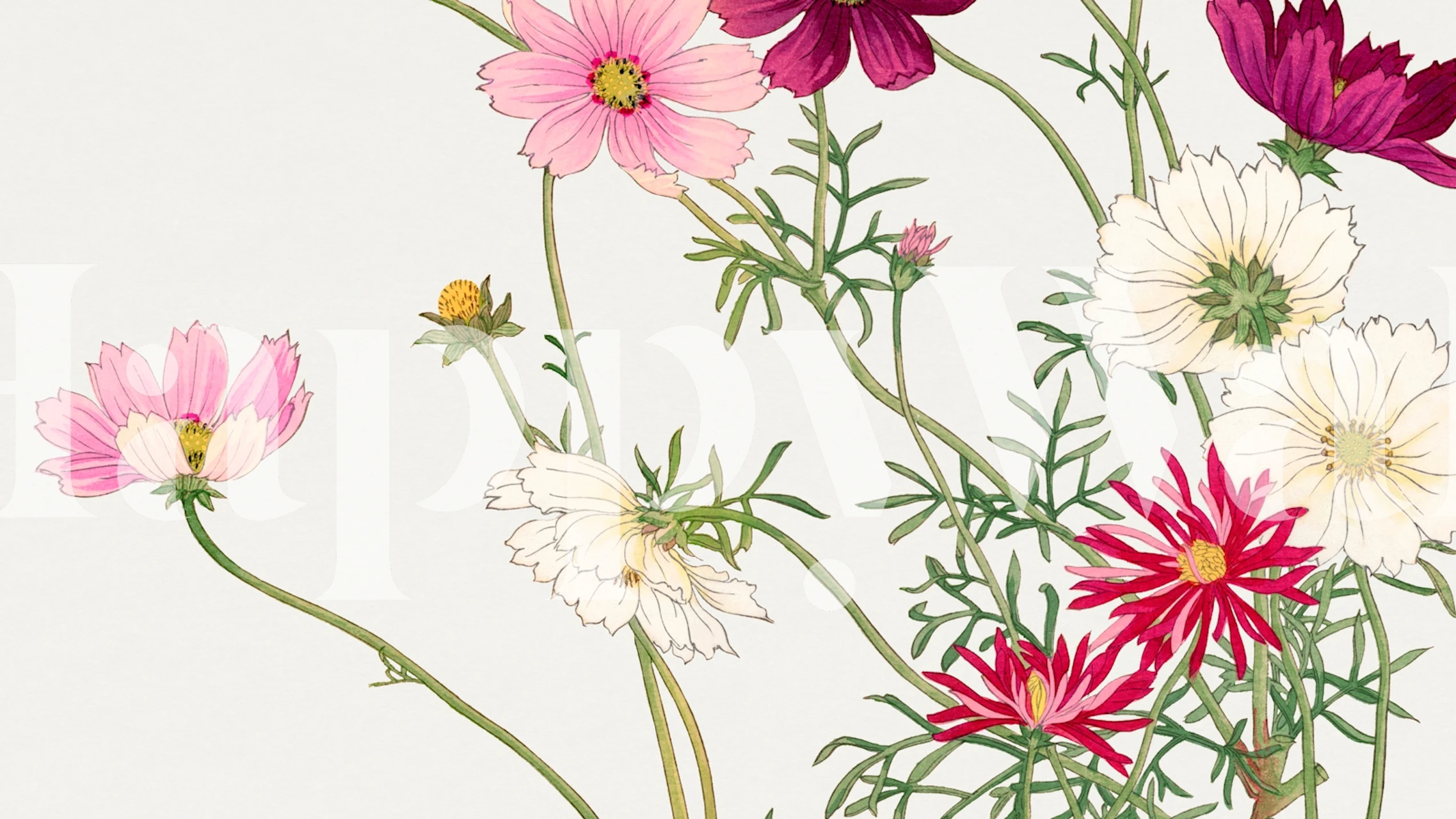 Minimalist Japanese floral wall mural with pastel blooms