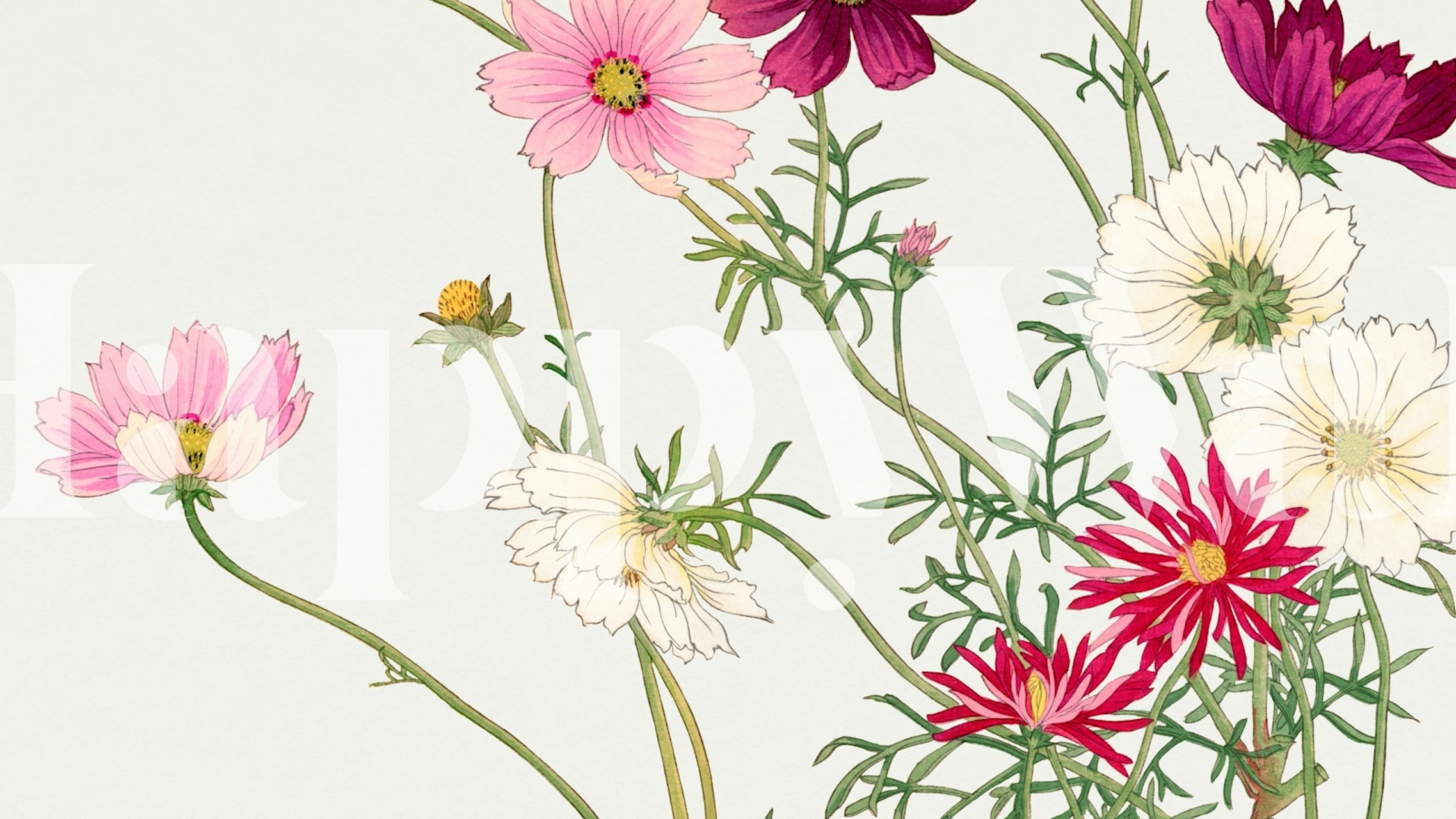 Minimalist Japanese floral wall mural with pastel blooms