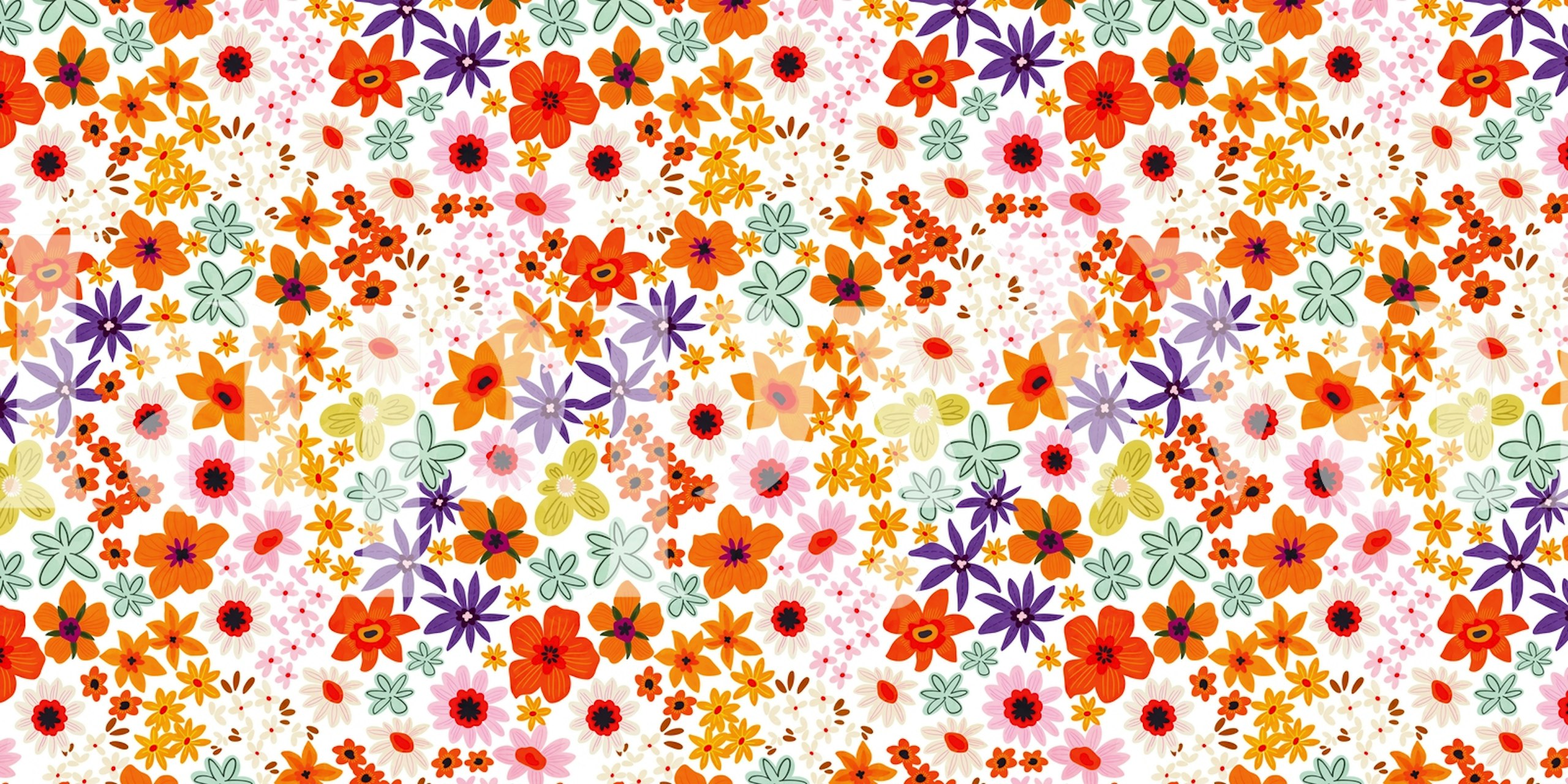 Colorful flowers in orange, pink, and purple on white wallpaper