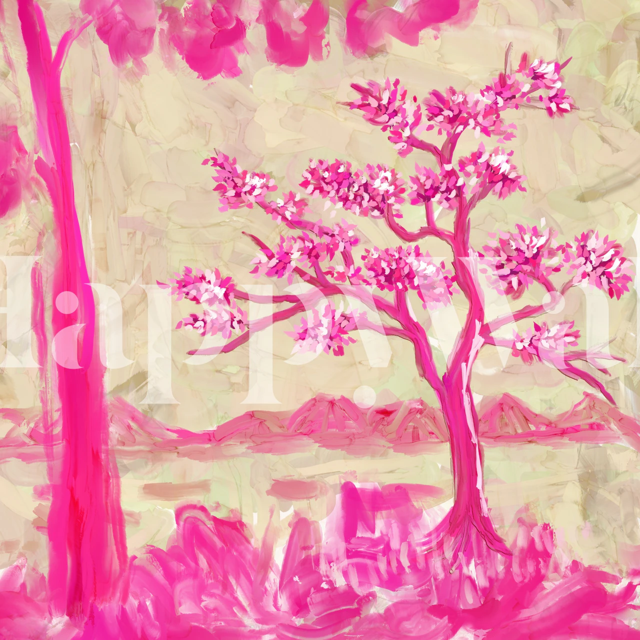 The Pink Tree wall mural with stylized vibrant pink tree on a mottled background