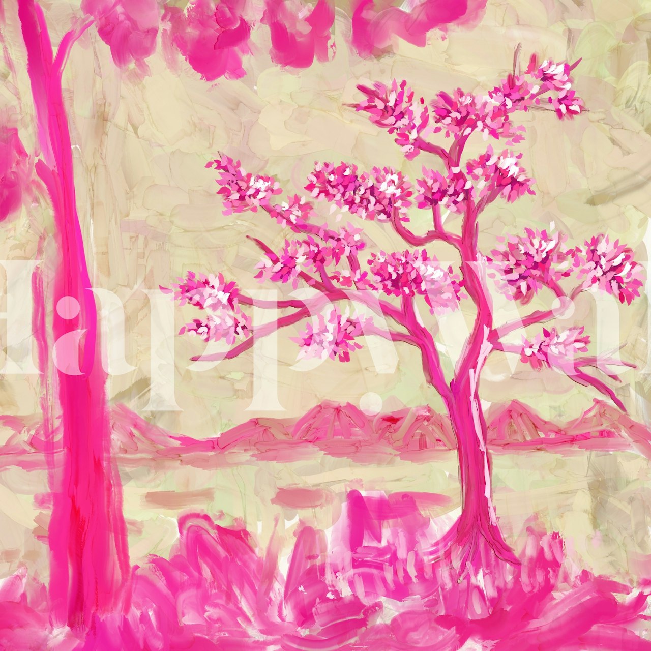 The Pink Tree wall mural with stylized vibrant pink tree on a mottled background