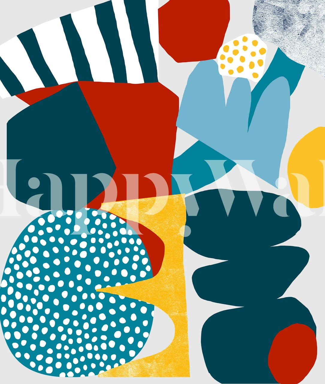 Colorful abstract shapes with stripes, polka dots, and solid colors wallpaper