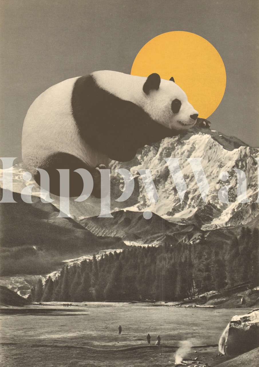 Giant panda resting on mountain background with yellow sun wallpaper