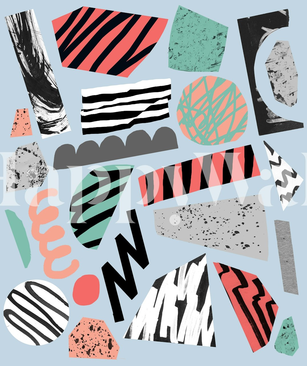 Colorful abstract shapes in pink, black, green, and gray wallpaper