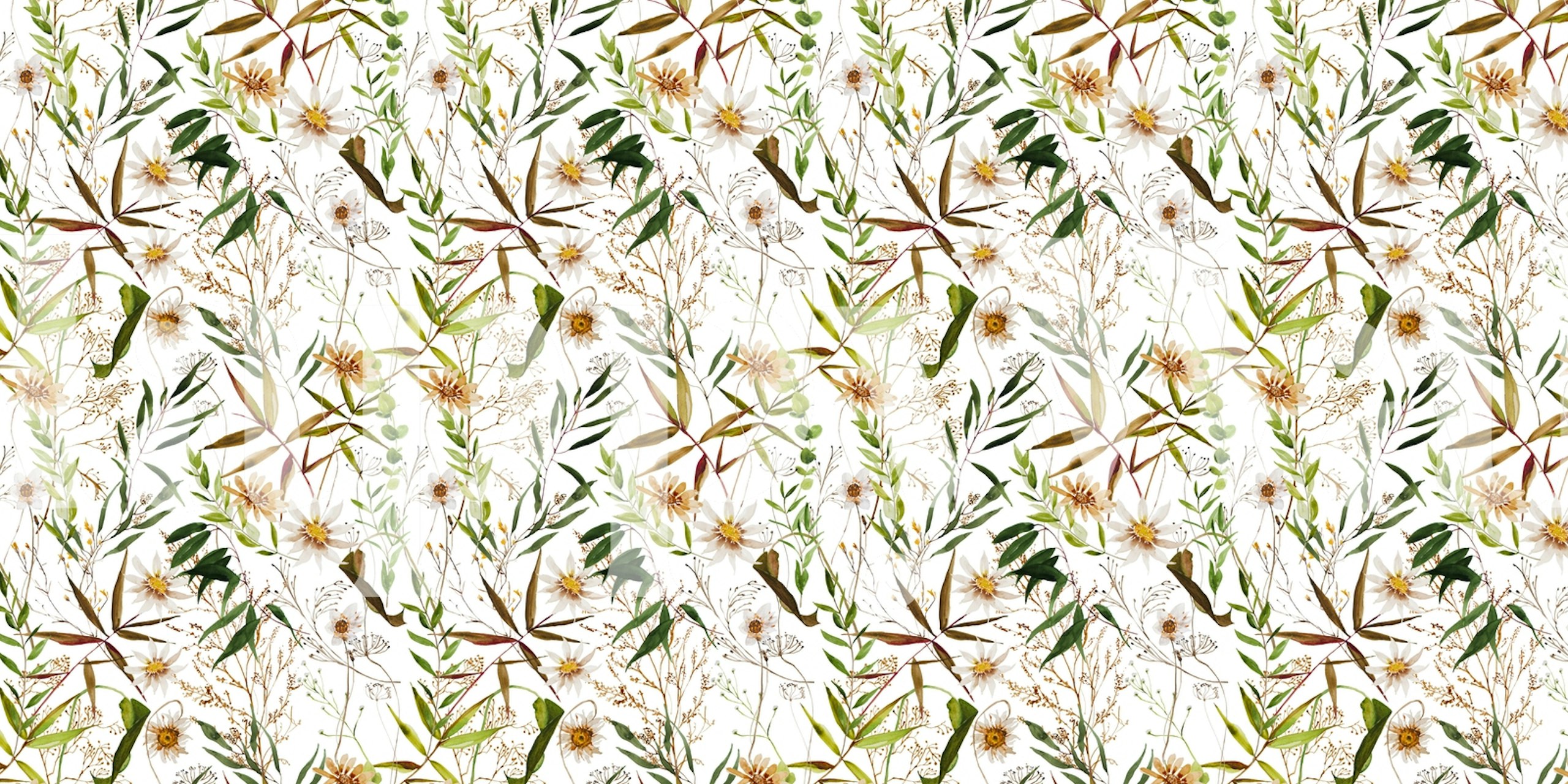 Botanical wallpaper featuring green leaves and white flowers