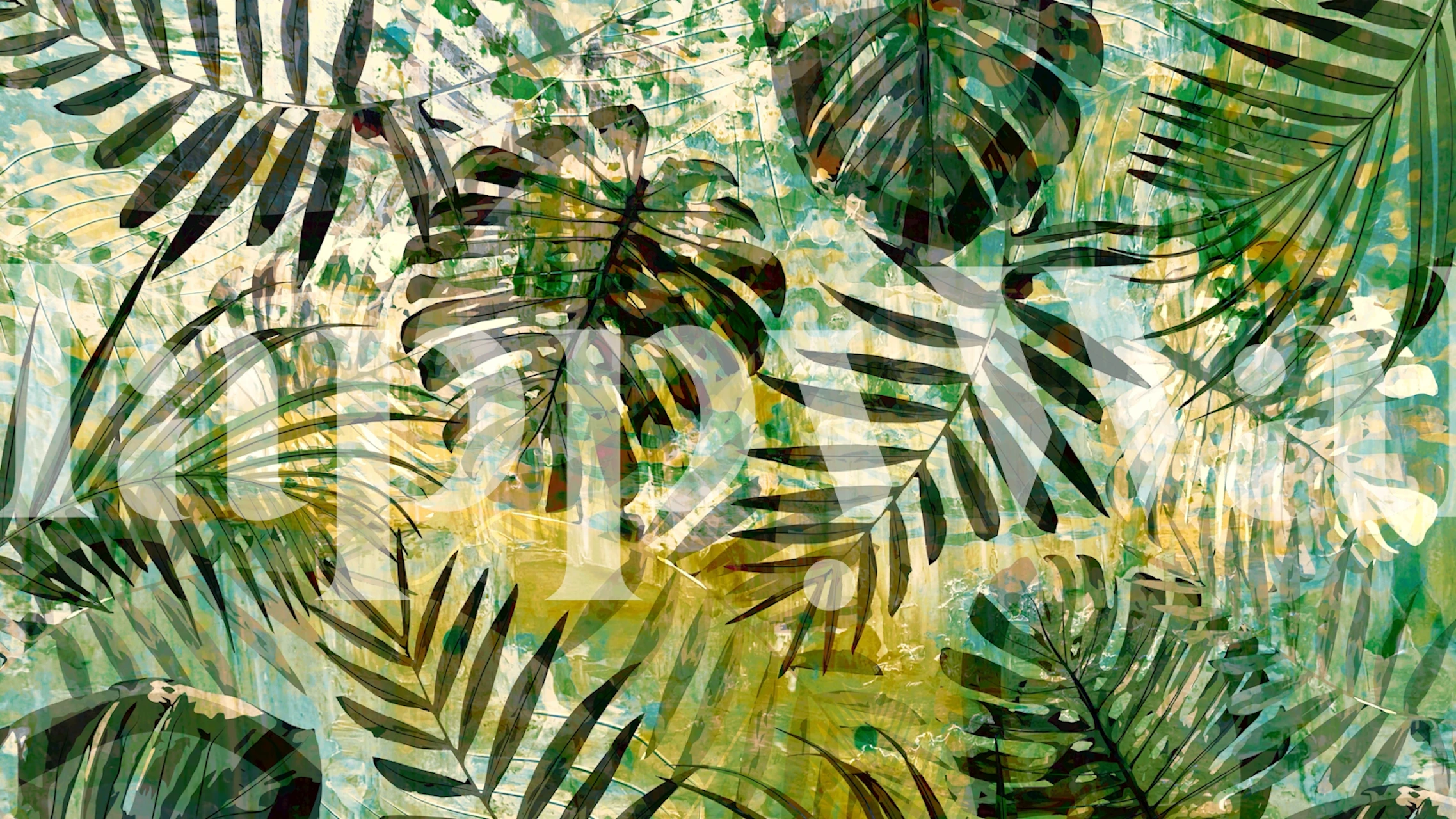 Tropical jungle leaf pattern wall mural for home decor.