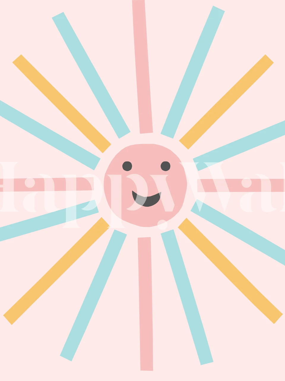 Fröhliches Sunburst-Wandbild im Retro-Stil mit pastellrosa, blauen und gelben Strahlen und einem lächelnden Sonnengesicht in der Mitte