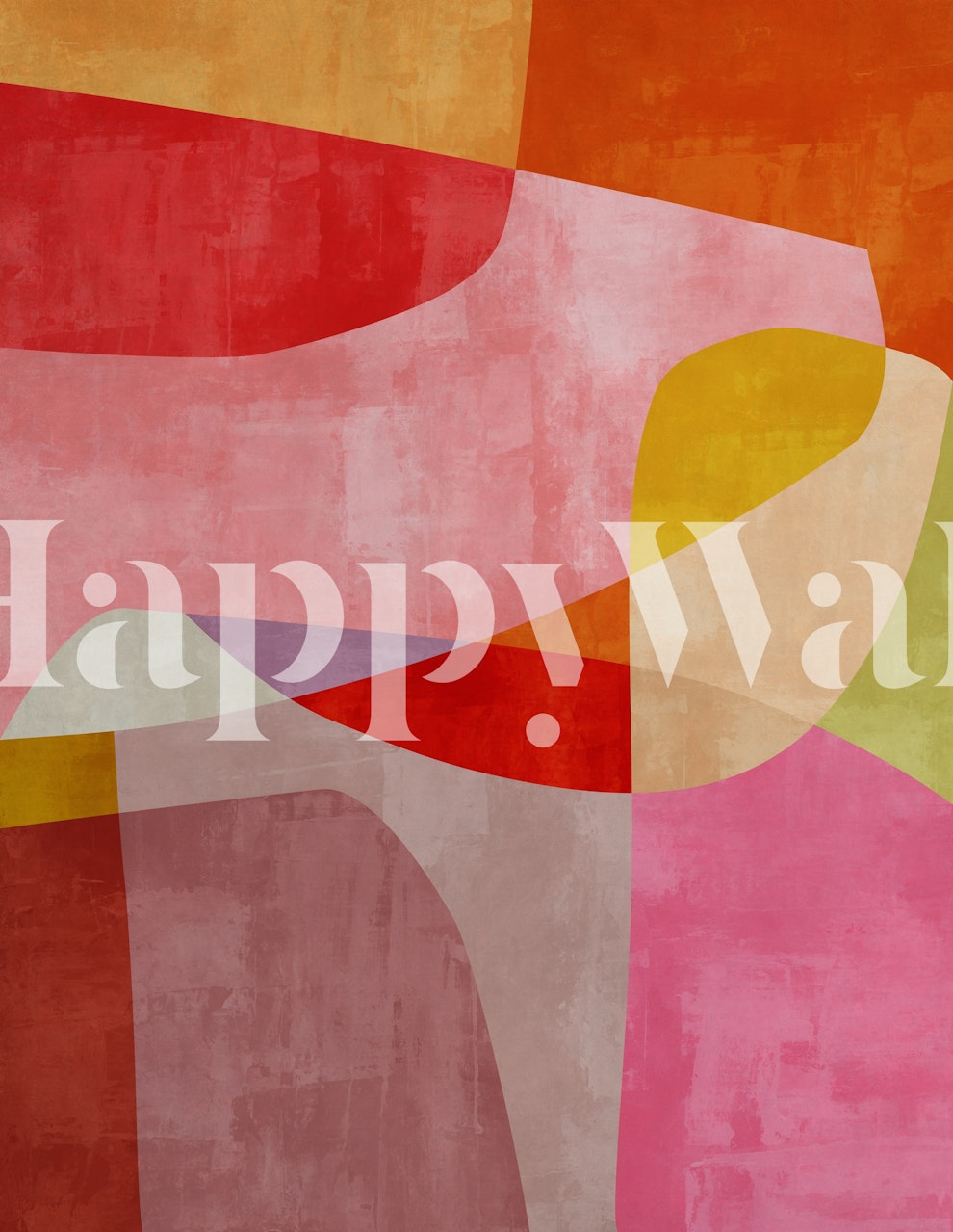 Mural de parede colorido abstrato com formas sobrepostas em tons de vermelho, laranja, amarelo e rosa