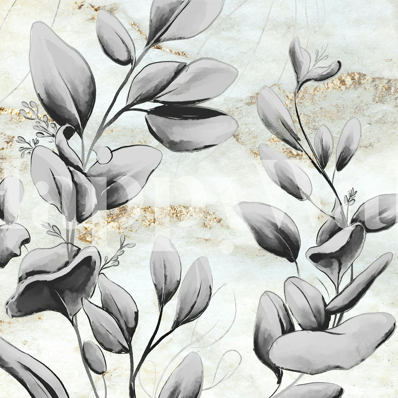Artistic grey leaves wall mural with gold accents for a stylish interior touch