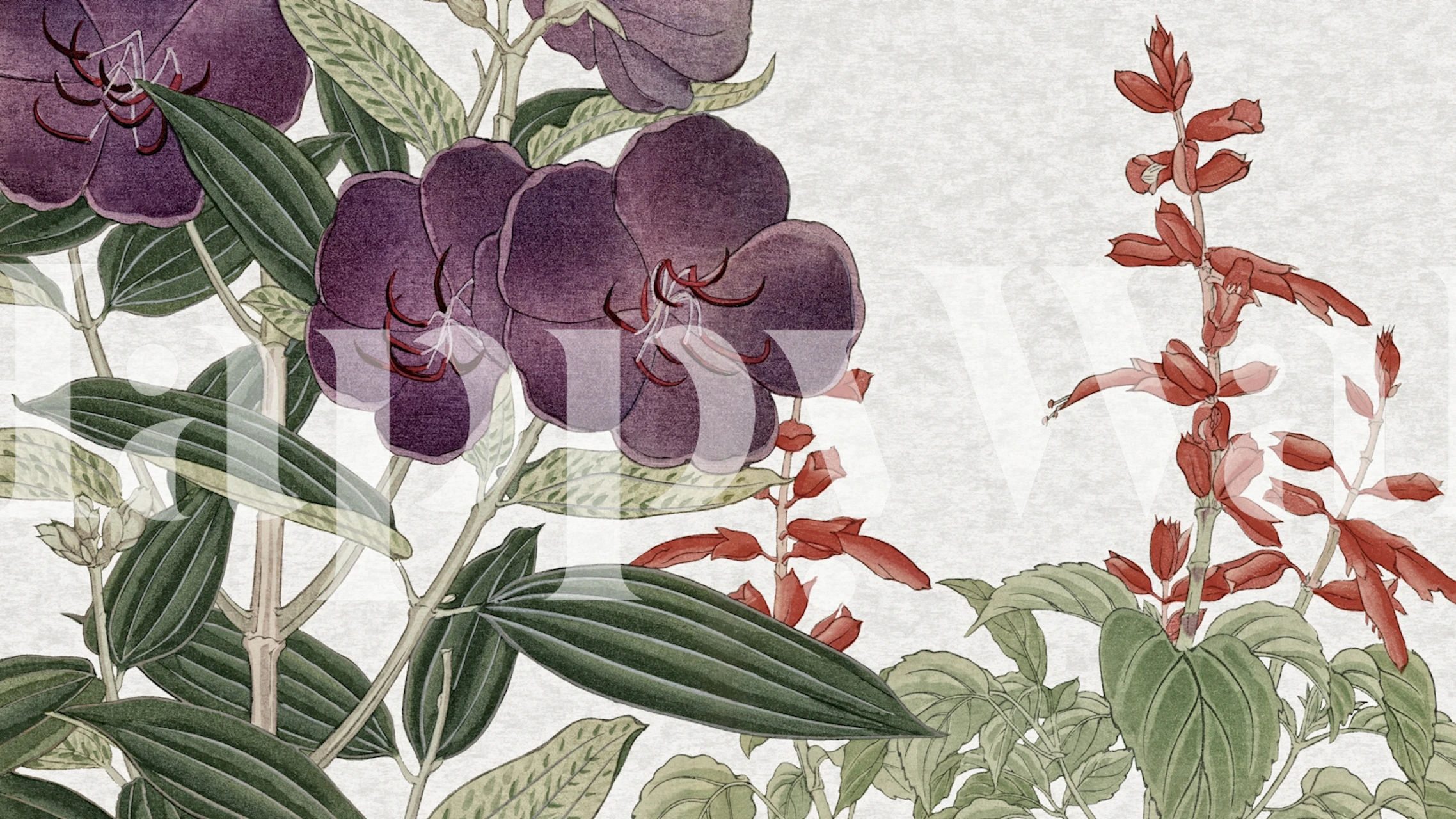Purple and red floral wallpaper with green leaves in a vintage style