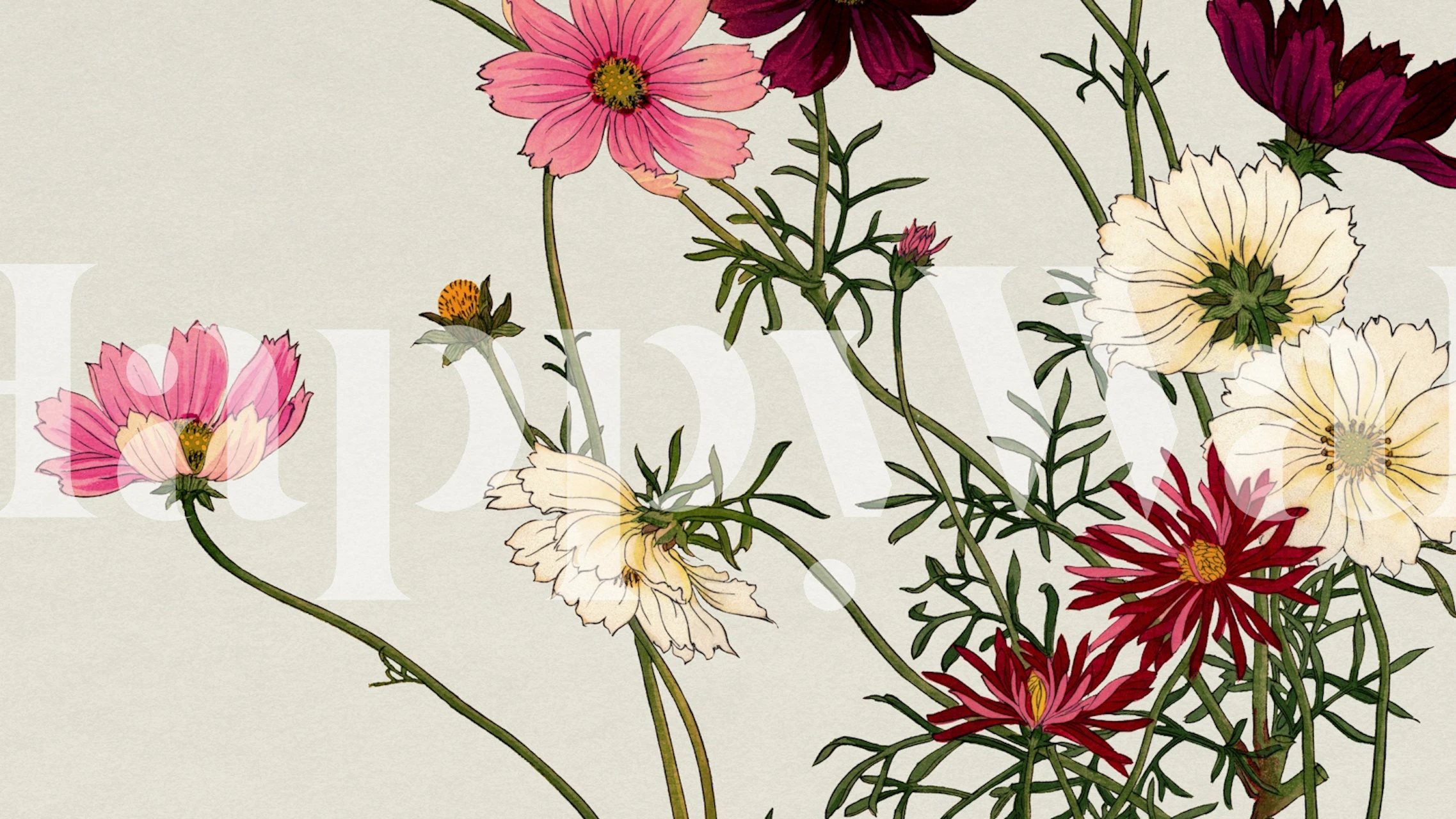 Flowering plants in pink and white hues, Nordic vintage floral wallpaper