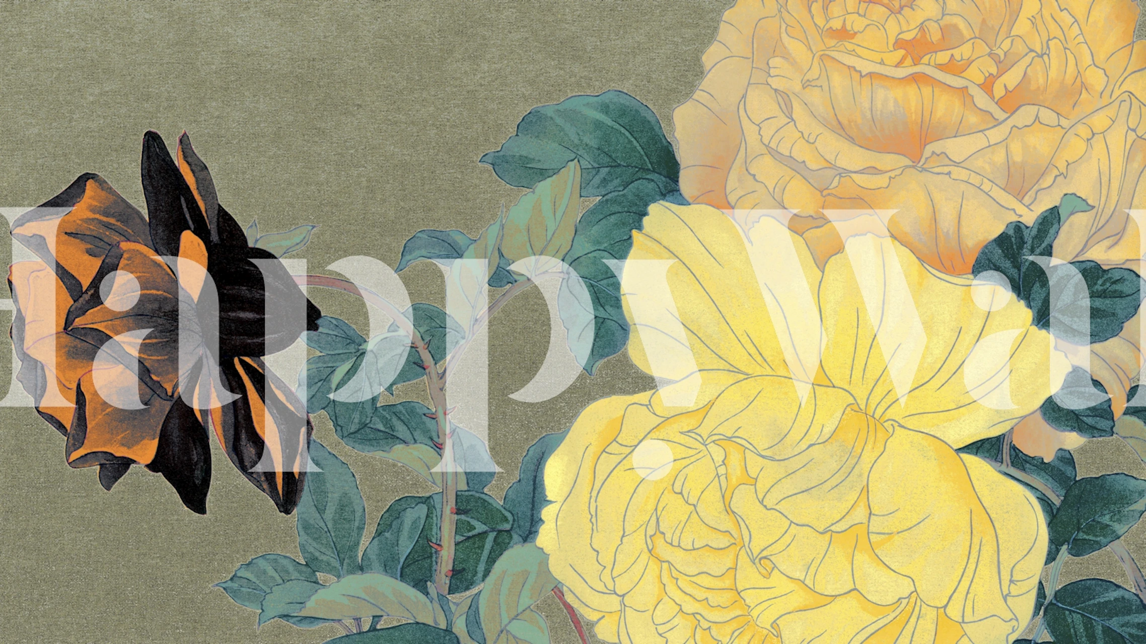 Antieke Noordse pioenrozen muurschildering met vintage tinten