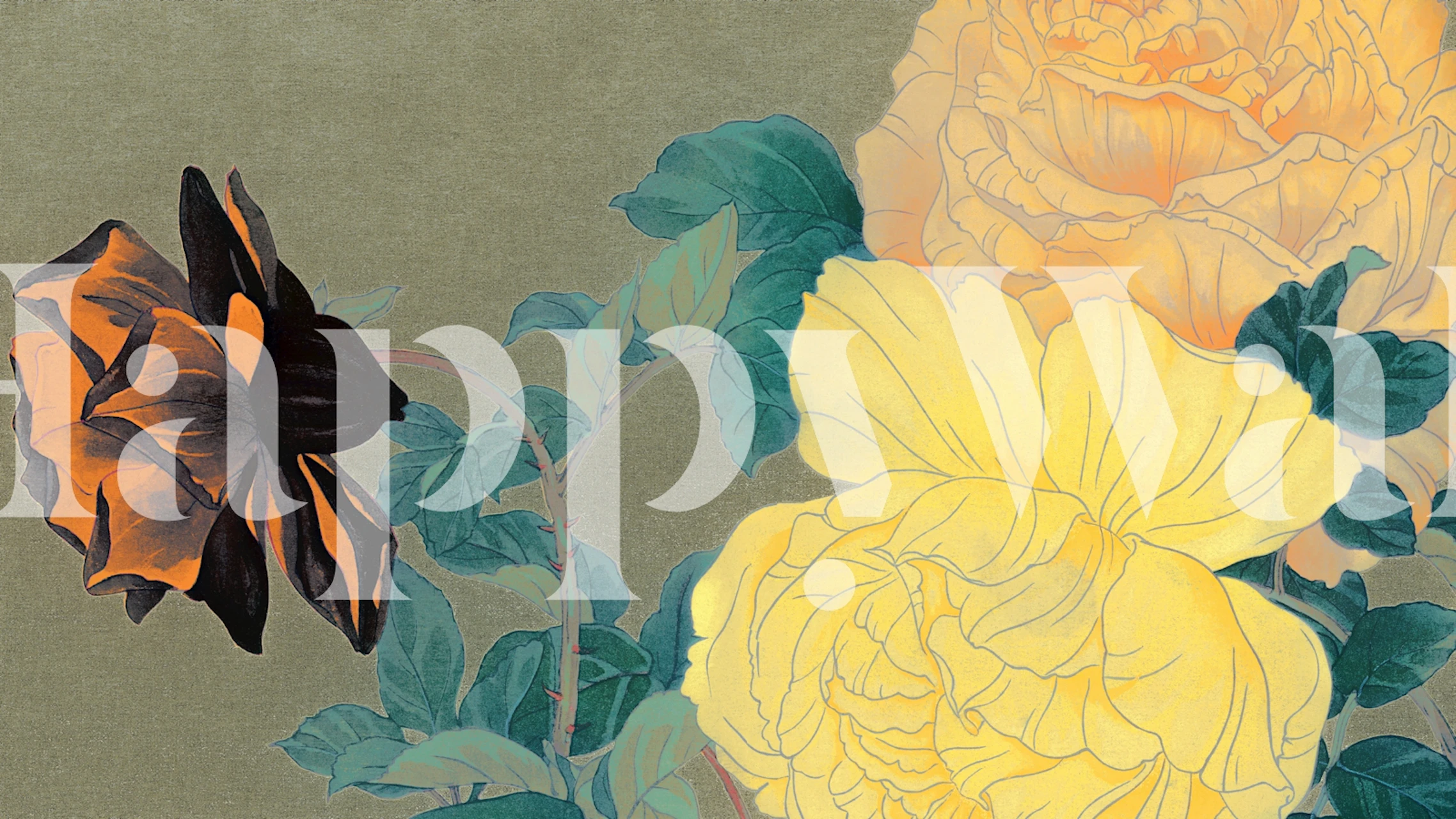 Yellow and black peonies against a muted green background wallpaper