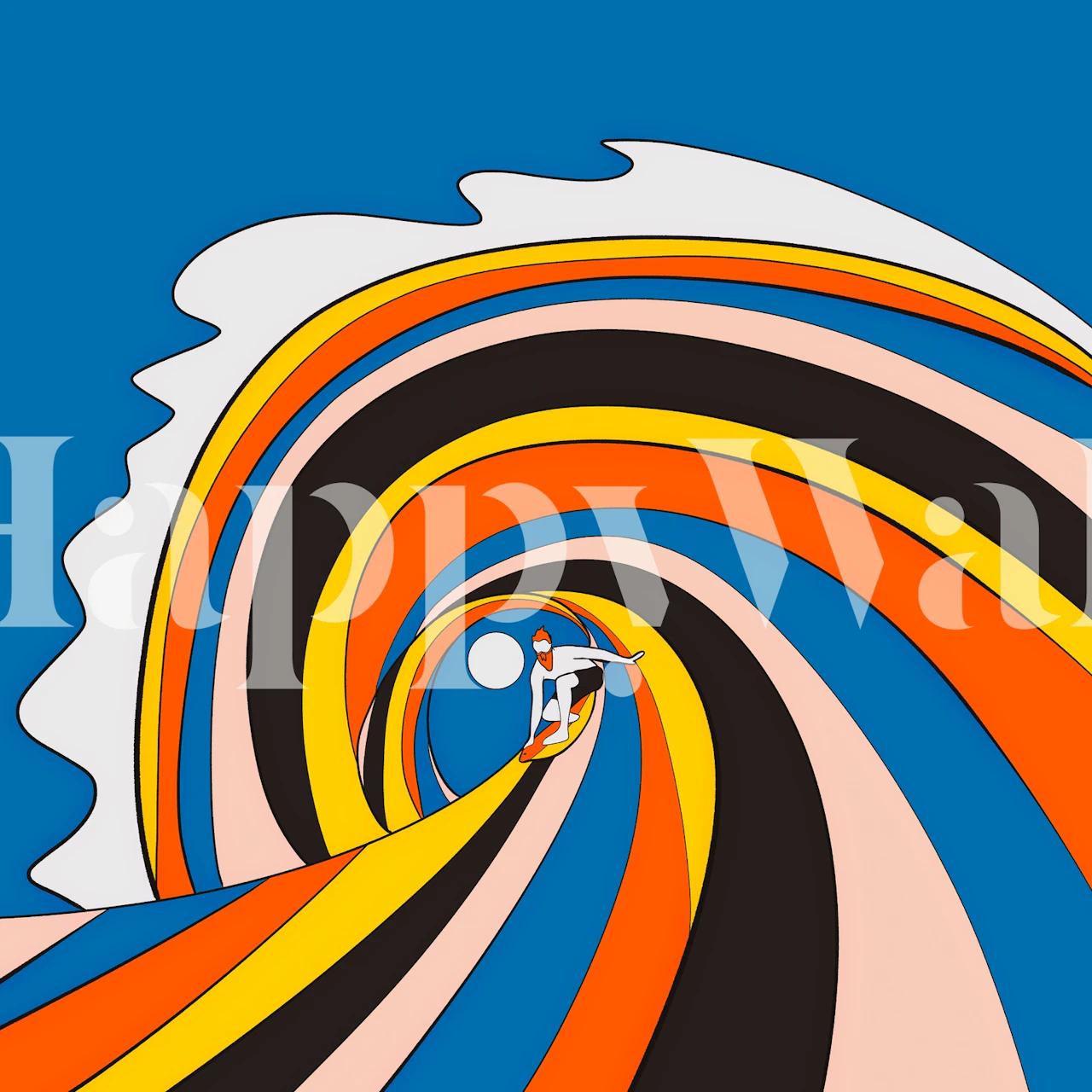 Colorful surfing wave illustration featuring blue, orange, yellow, and black tones in a modern wallpaper.