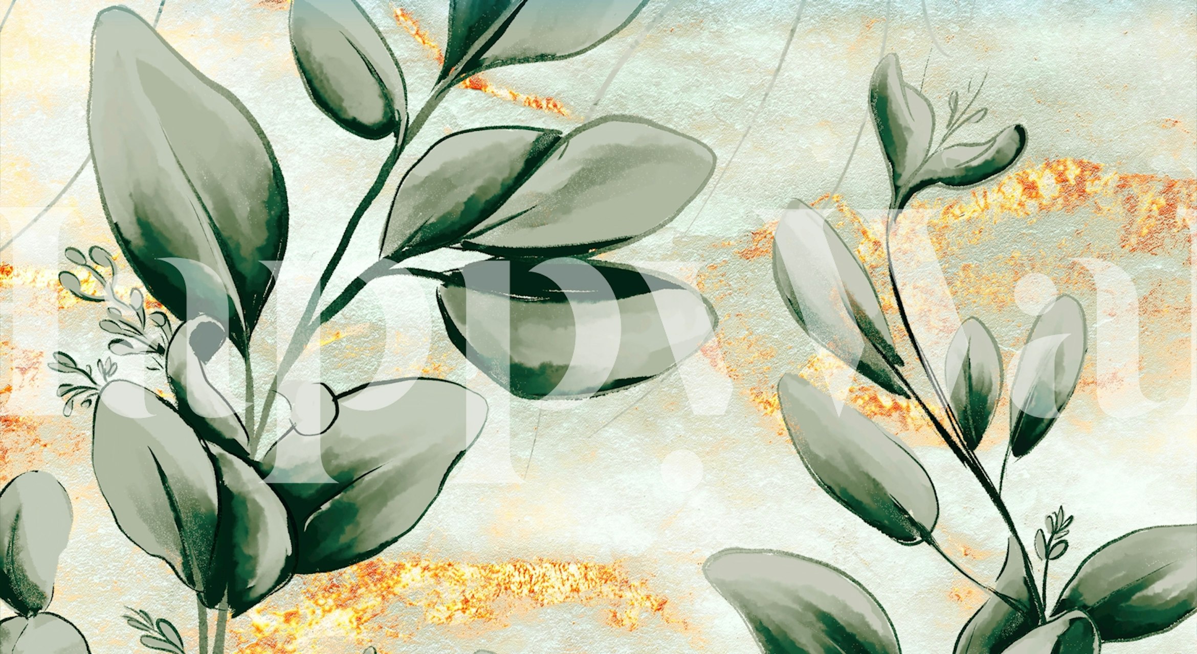 Graffiti-inspirerte blader med gylne glitter-aksenter på et veggmaleri