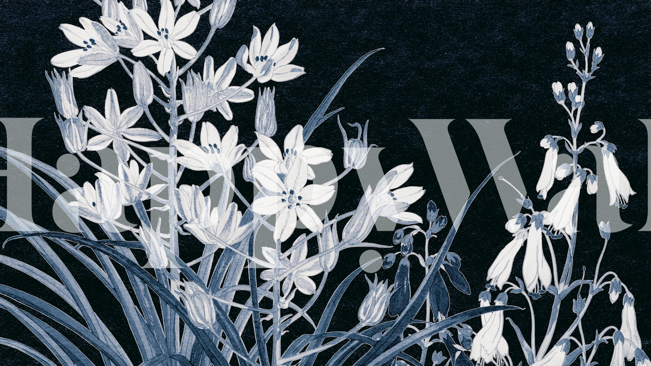 Scandinavian-style floral wall mural in a monochrome palette