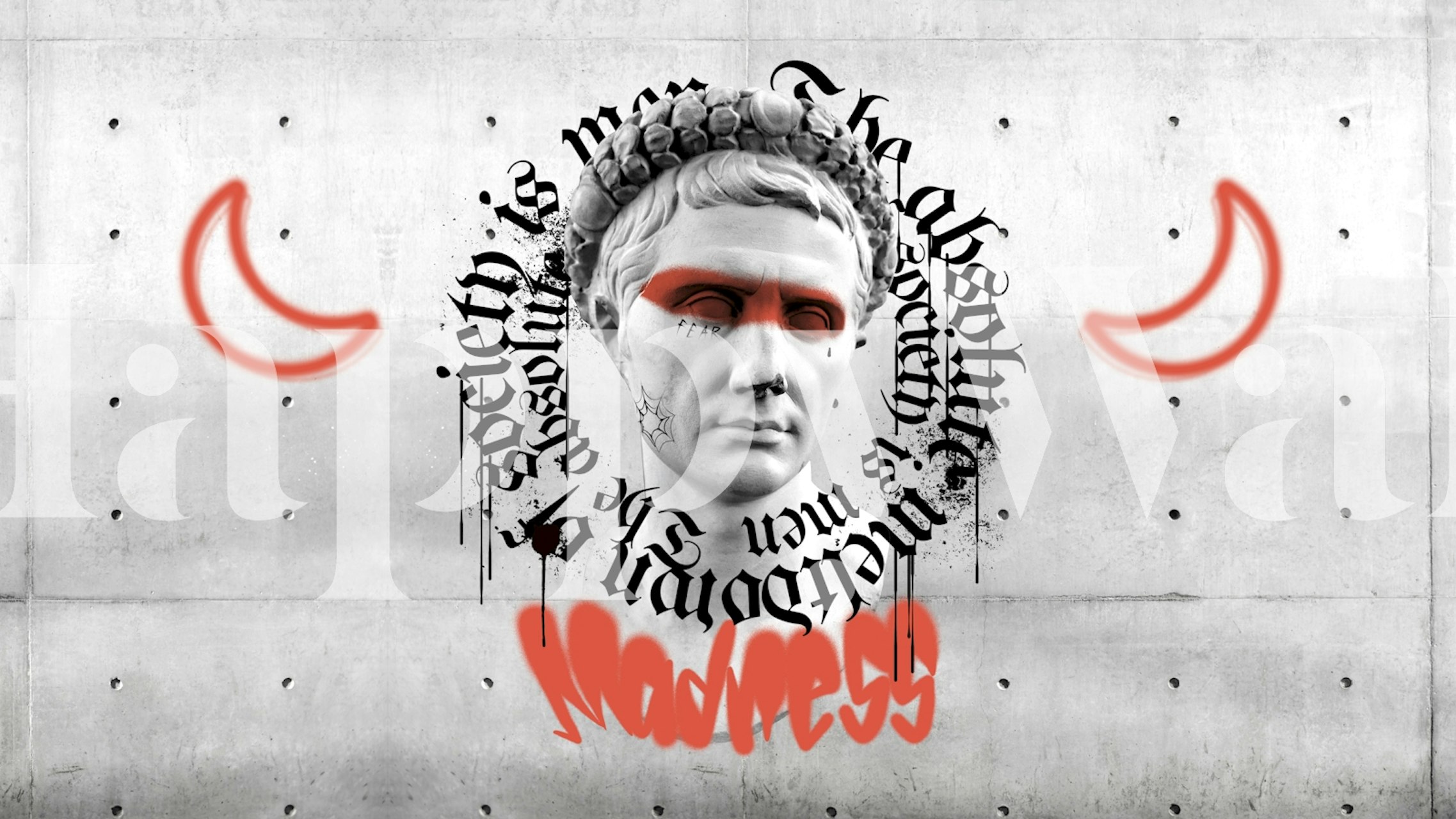 Graffiti-style face painted on a concrete wall mural with abstract elements.