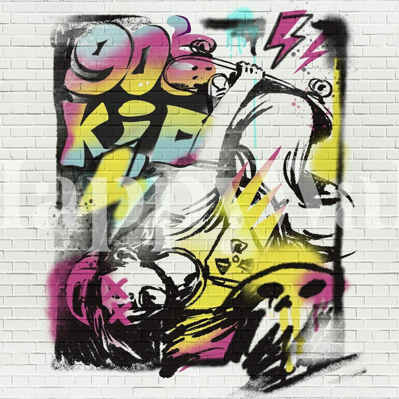 90s Vintage Graffiti Tapet på vit tegelvägg bakgrund