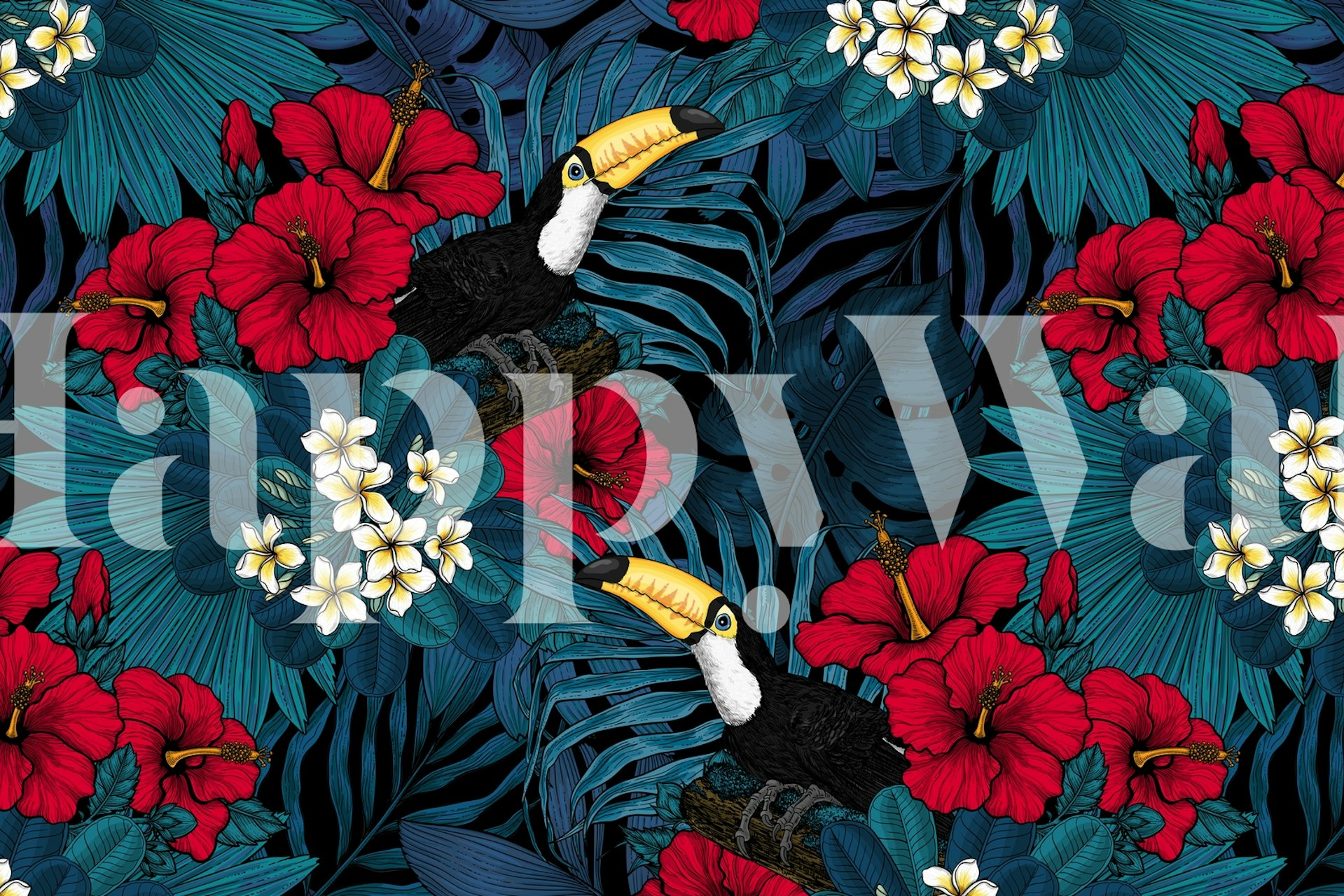 Tropical toucans with red flowers and green leaves wallpaper
