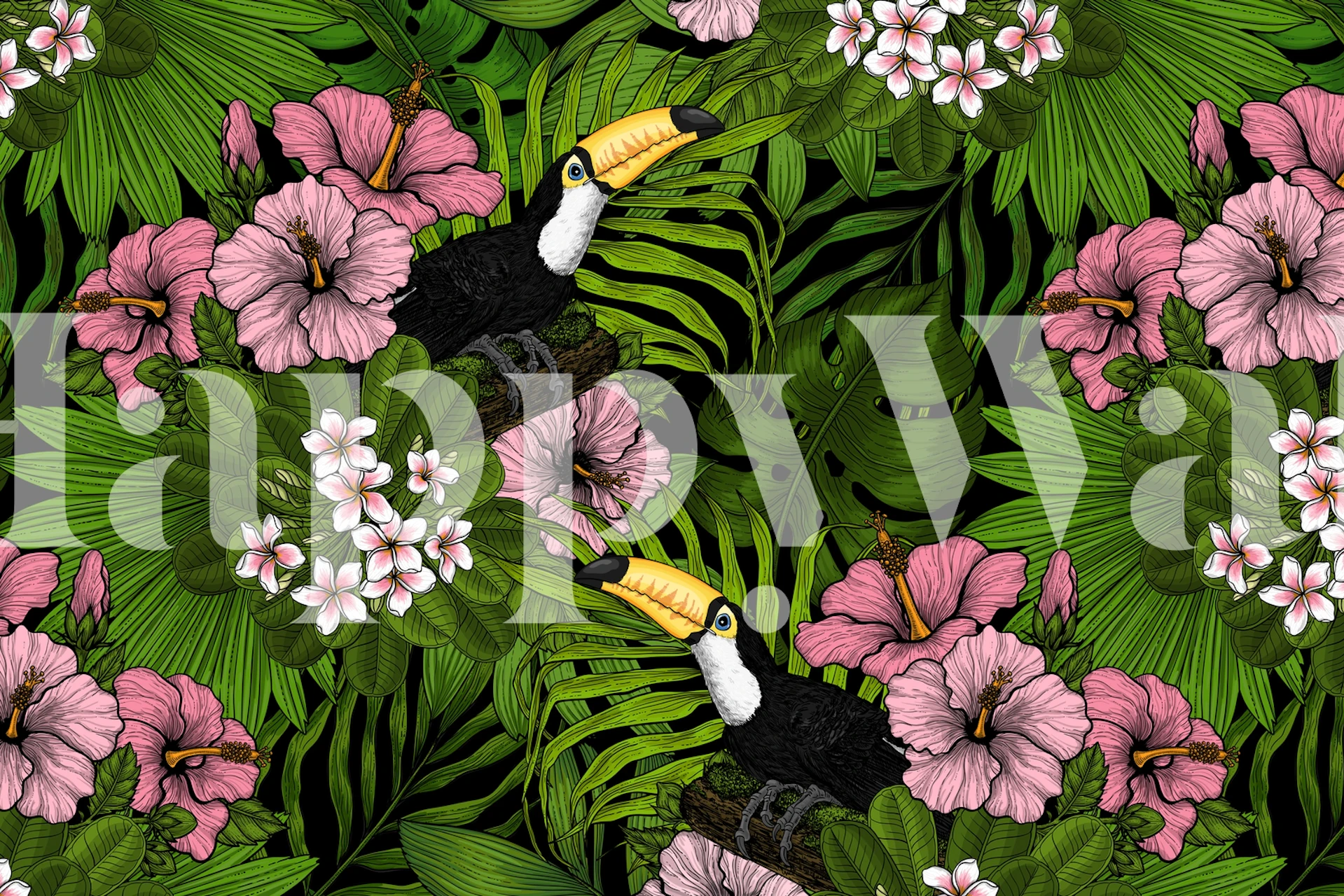 Tropical toucans surrounded by pink flowers and green leaves wallpaper