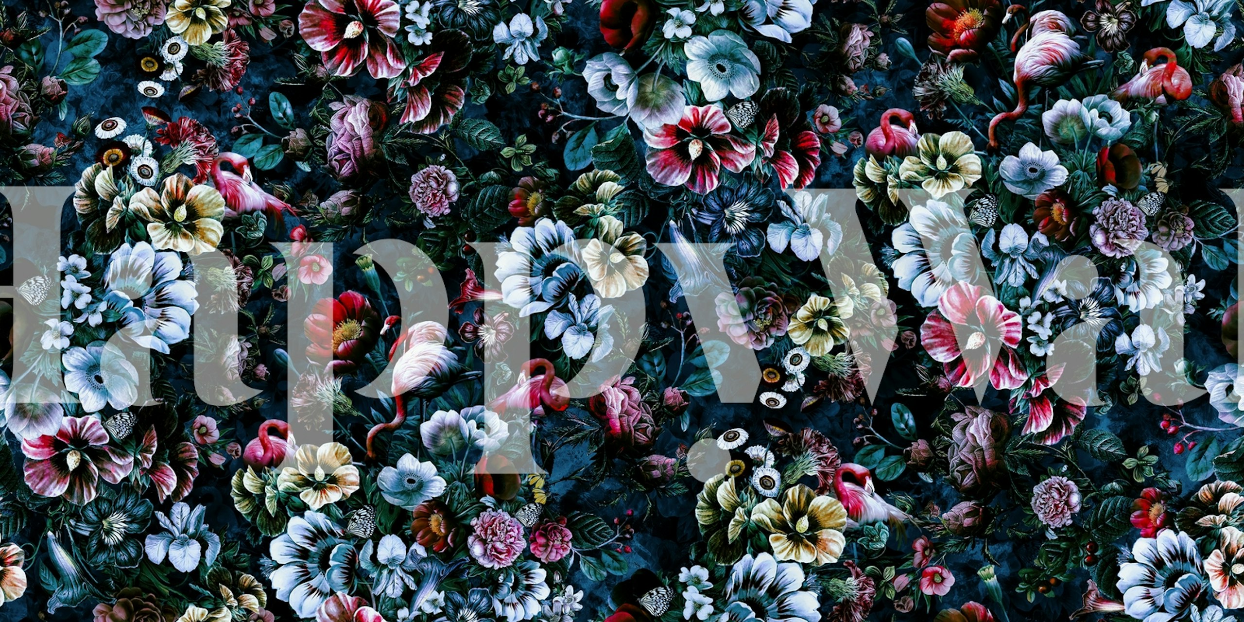 Flamingos and colorful flowers on dark background wallpaper