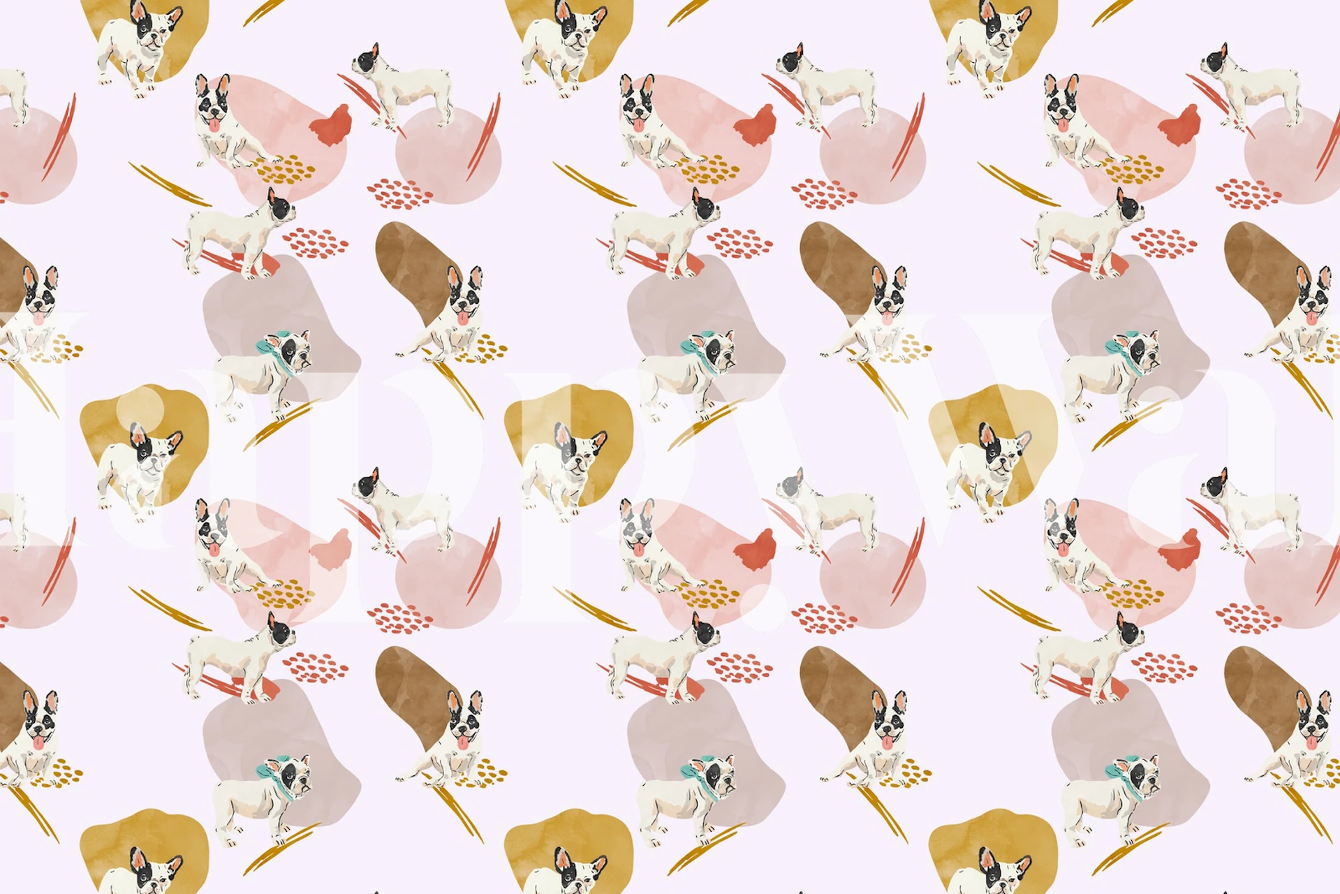 French bulldog illustrations with colorful shapes on pink wallpaper