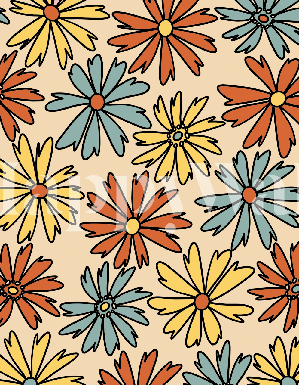 Stylized cosmea flowers in yellow, blue, and orange on a cream background wall mural