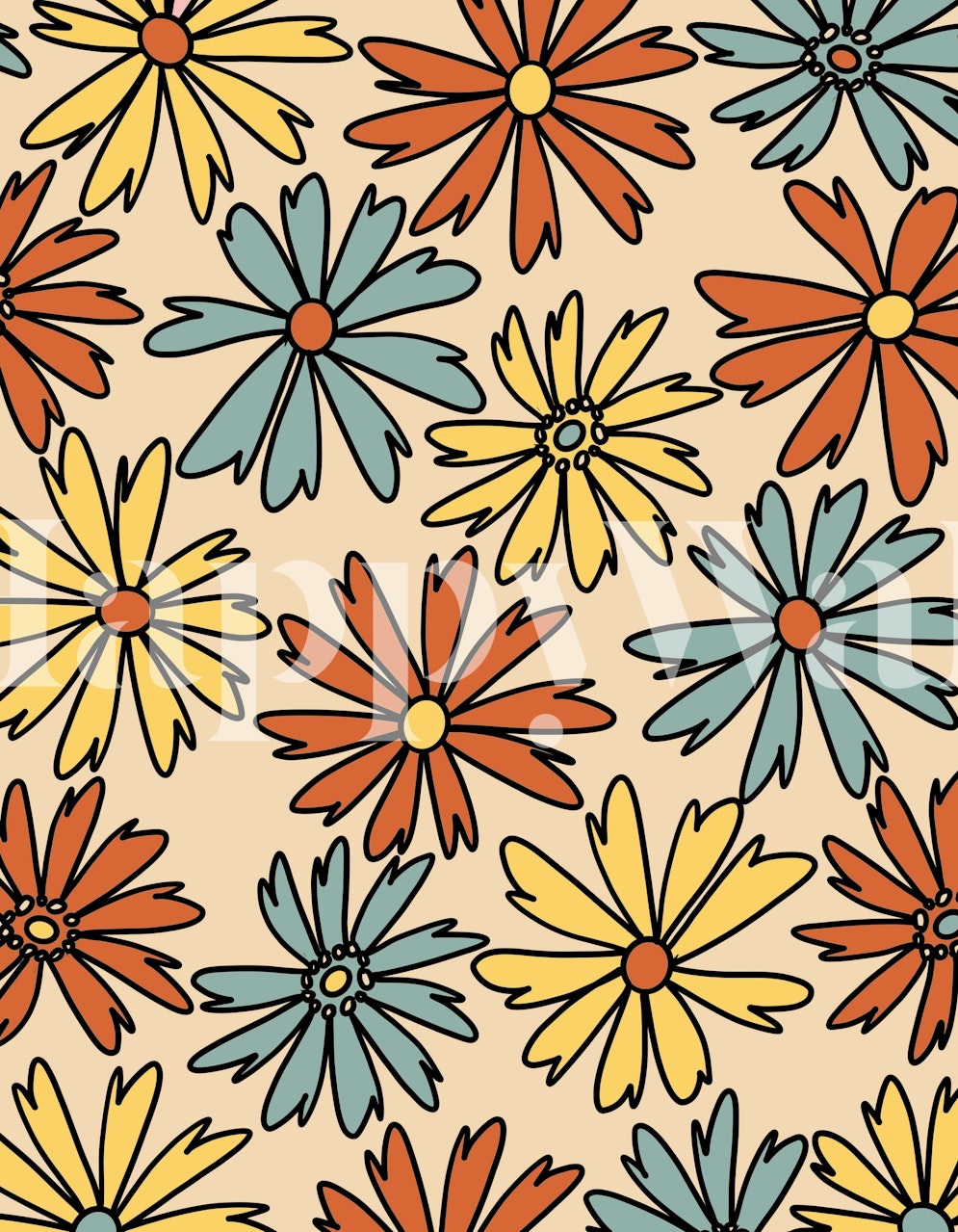 Stylized cosmea flowers in yellow, blue, and orange on a cream background wall mural
