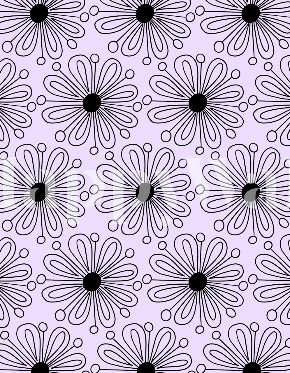 Lavender floral wallpaper with bold black outlines and circular patterns