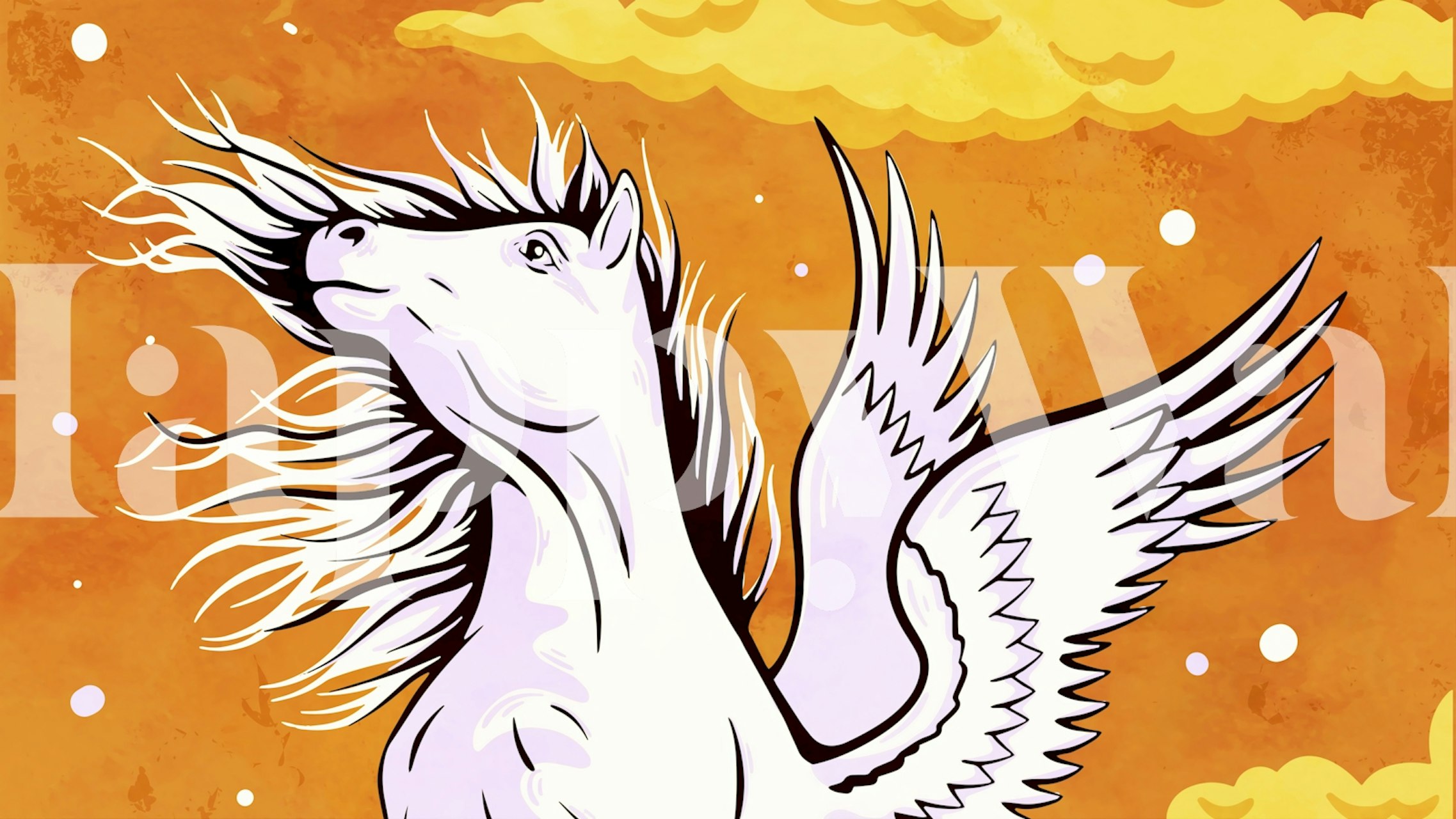 Pegasus horse illustration with flowing mane and wings against an orange background wallpaper
