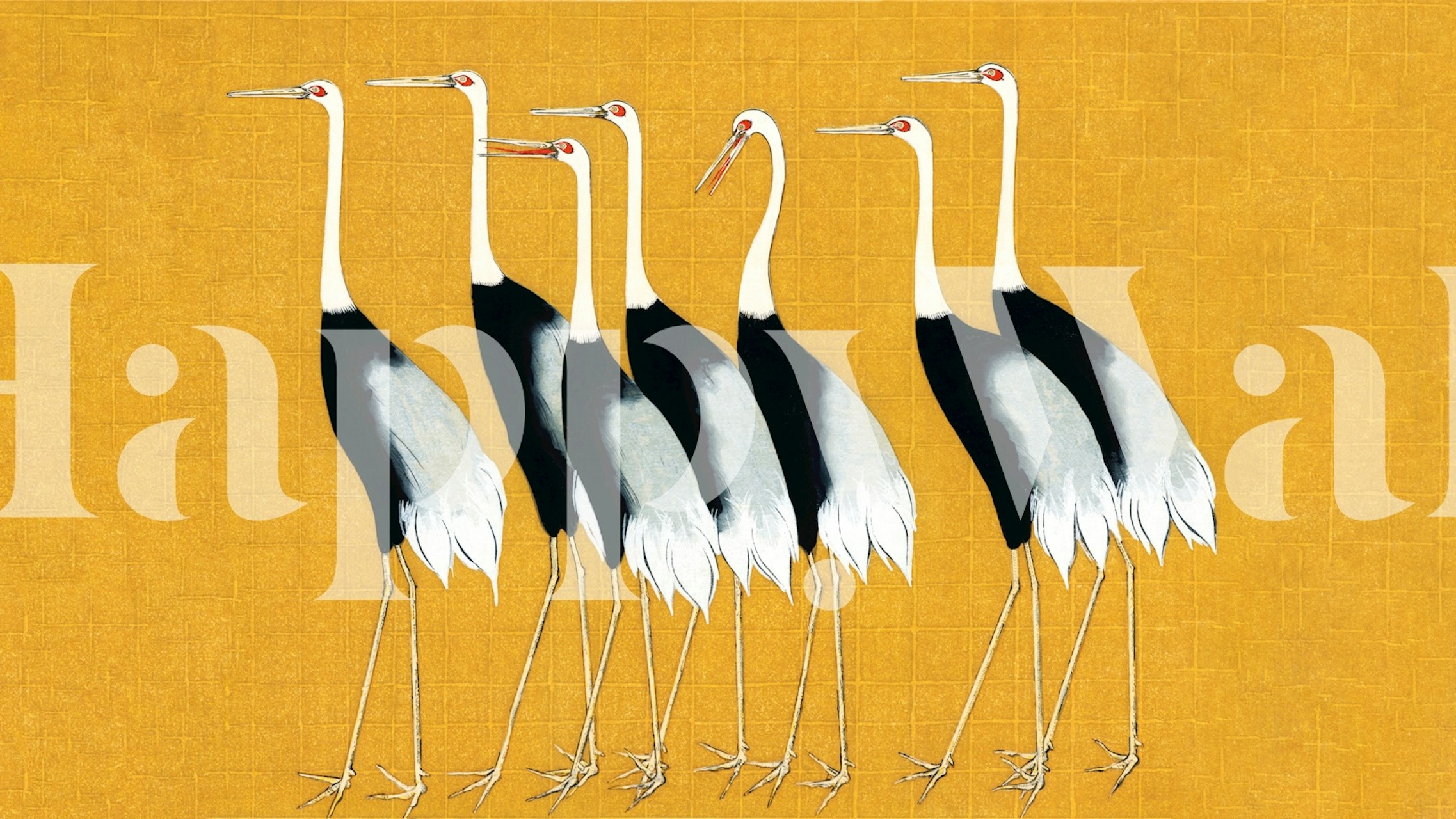 Japan Cranes on Mustard wallpaper in a room