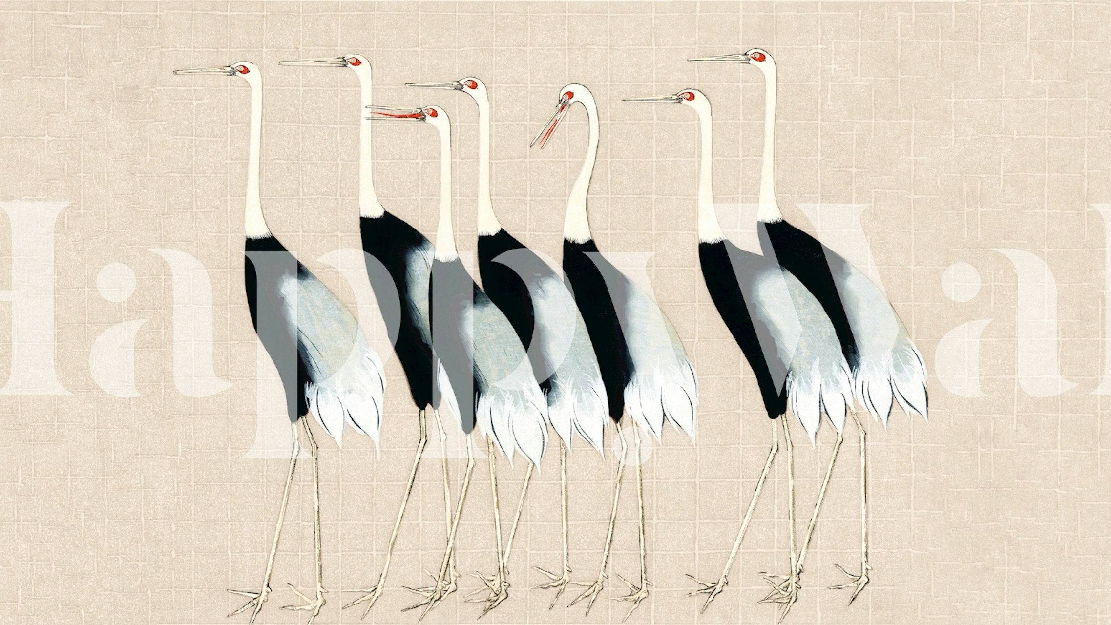 Elegant Japanese cranes wall mural on a tan cream background