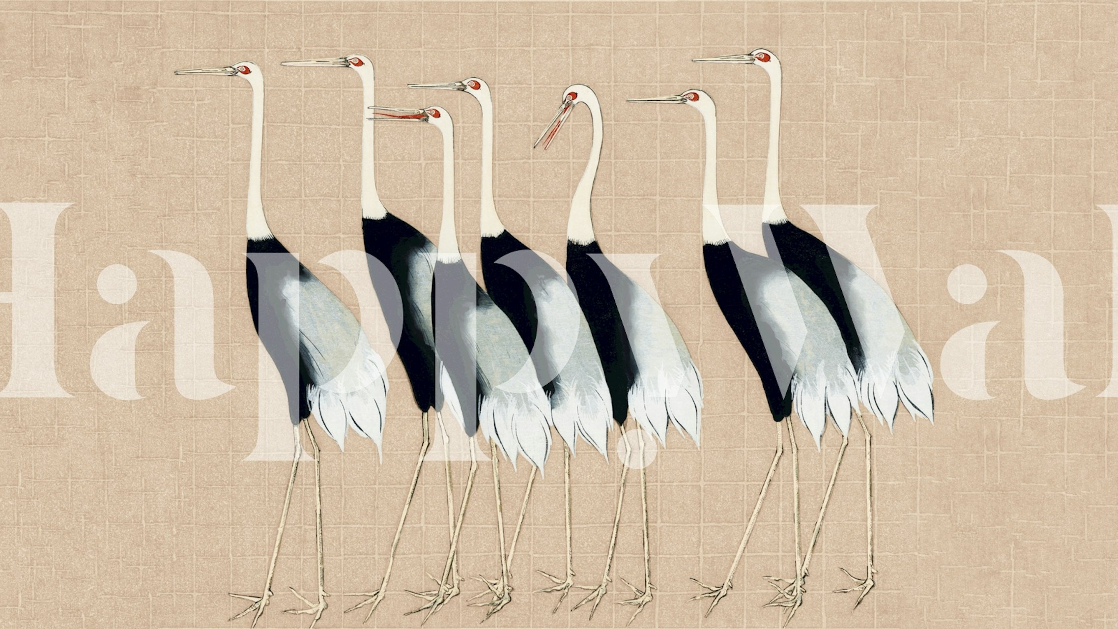 Japan cranes in black and white on cream wallpaper