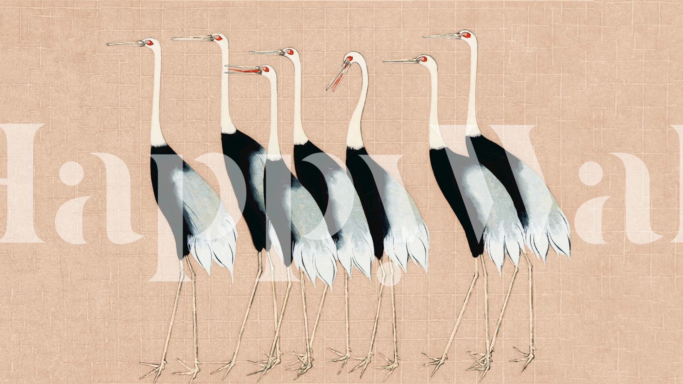 Japan cranes in black and white on cream wallpaper