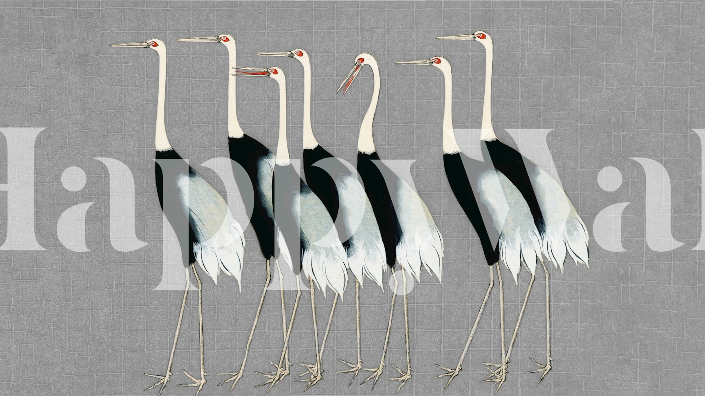 Japanese cranes in black and white on a grey background wallpaper