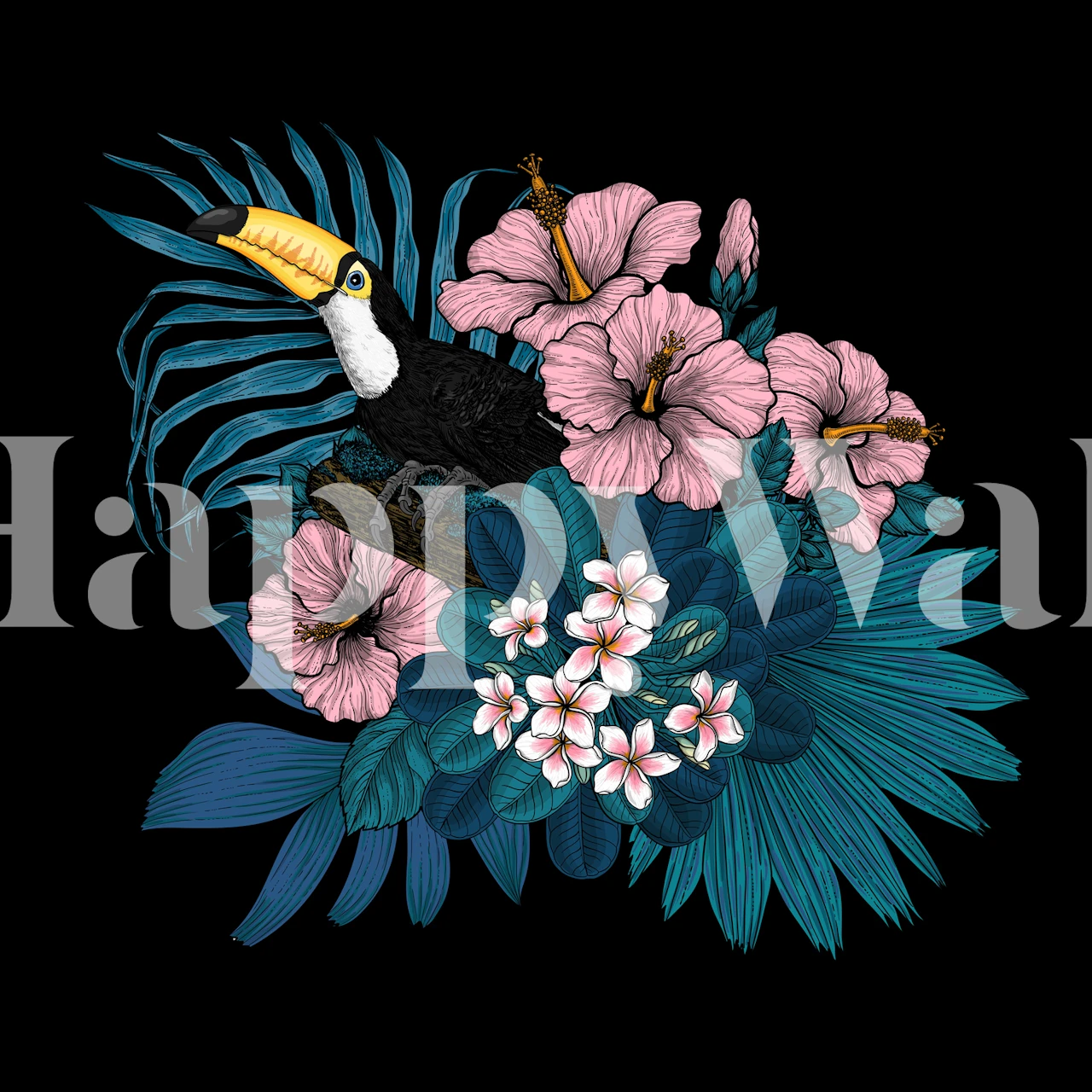 Toucan i projekt tapety z florą tropikalną