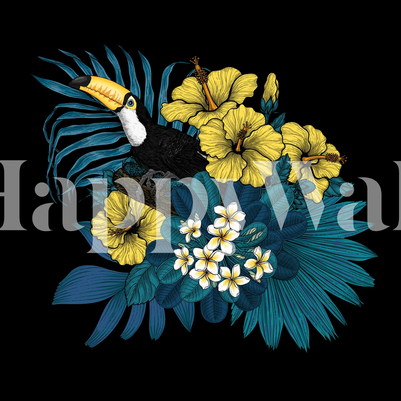 Toucan og tropisk flora tapet i et rum