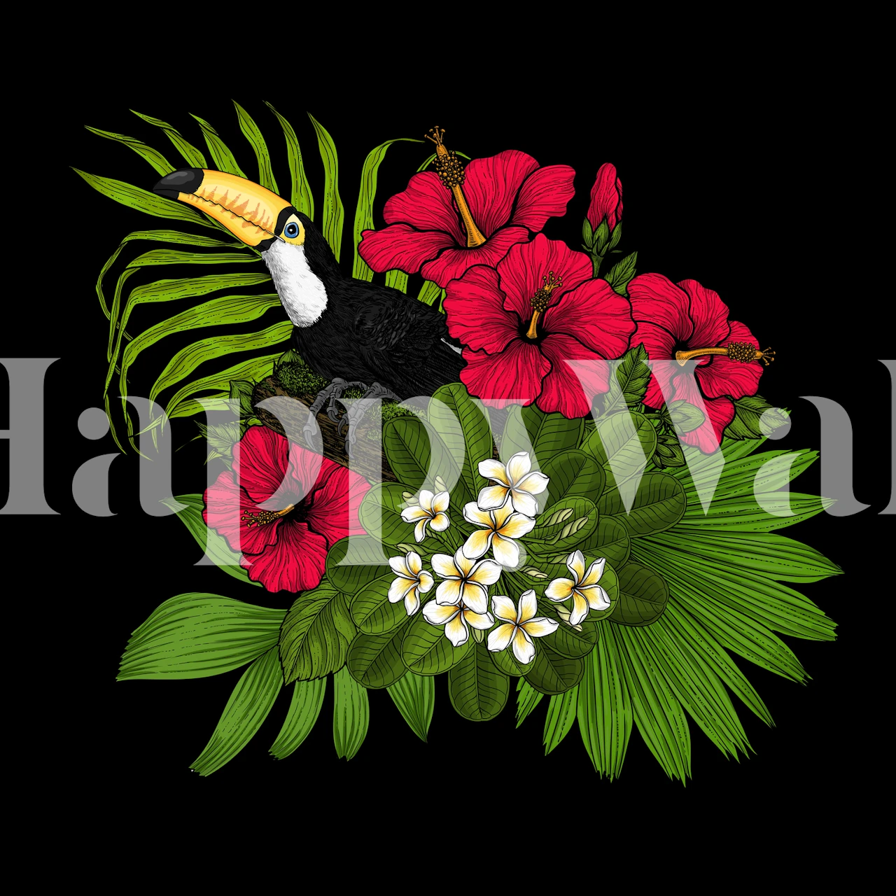 Toucan among vibrant red hibiscus and green leaves wallpaper