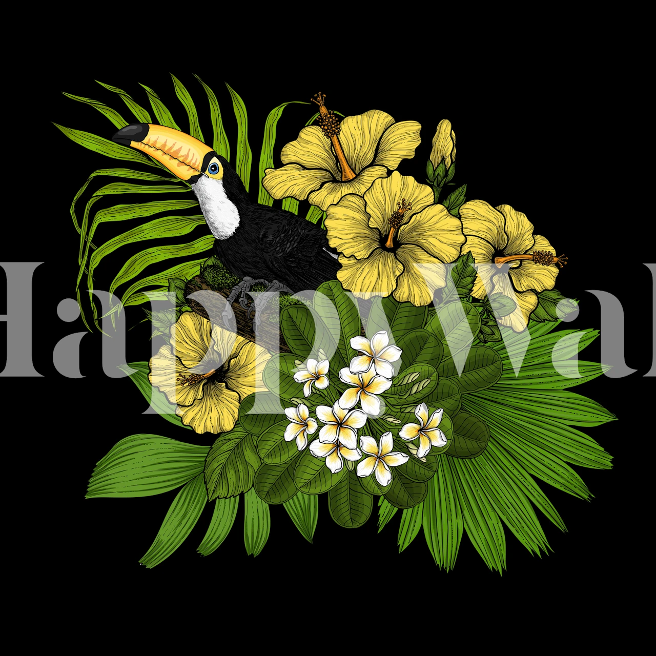 Toucan sitting among tropical flowers and green leaves against a black background wall mural.