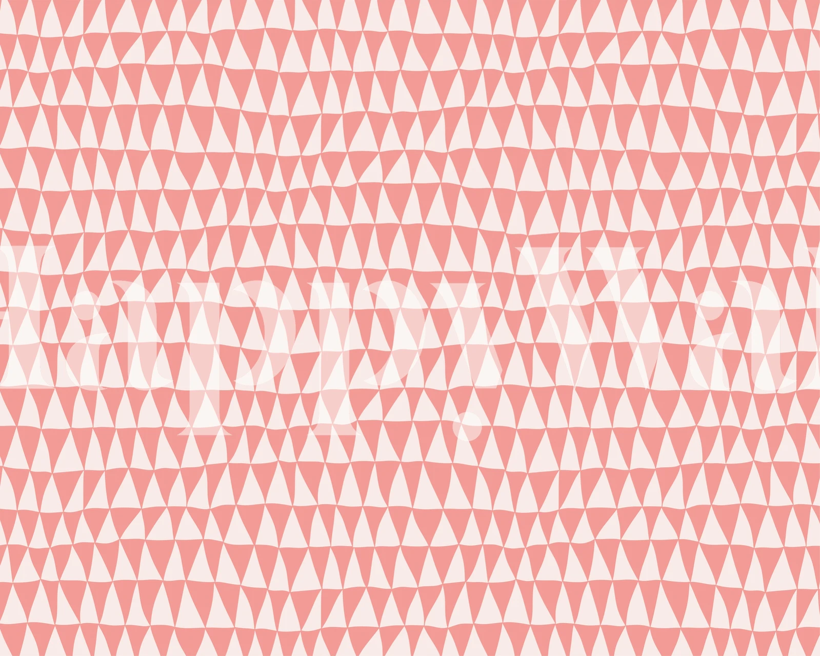 Coral pink wallpaper with geometric triangle patterns in white.