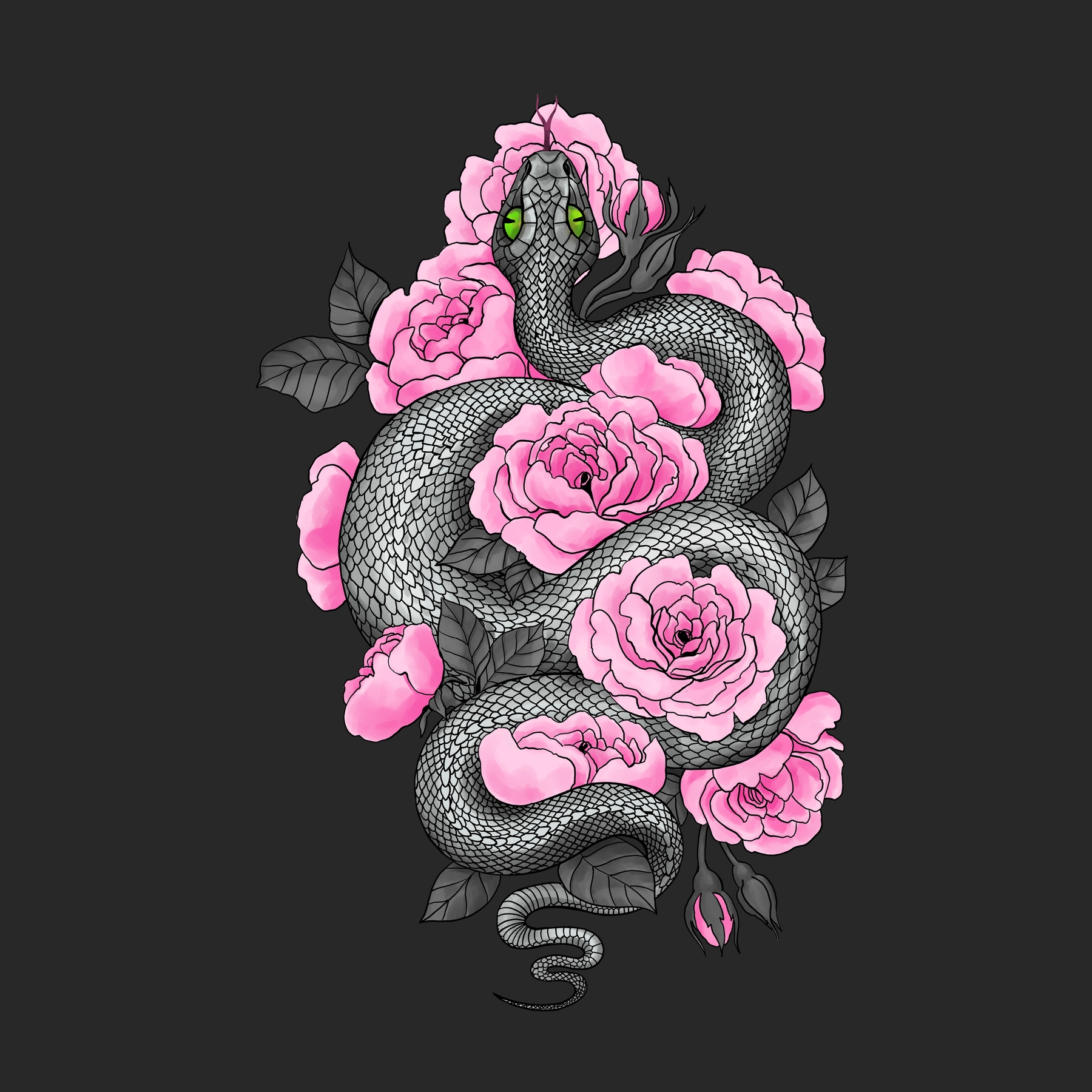 Snake and Pink Roses Wallpaper | Buy Online at Happywall