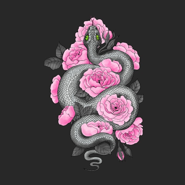 Snake and pink roses