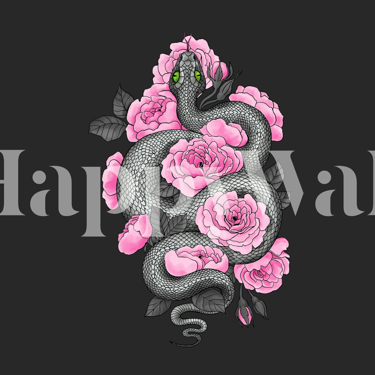 Pink roses and a snake on a black background wallpaper