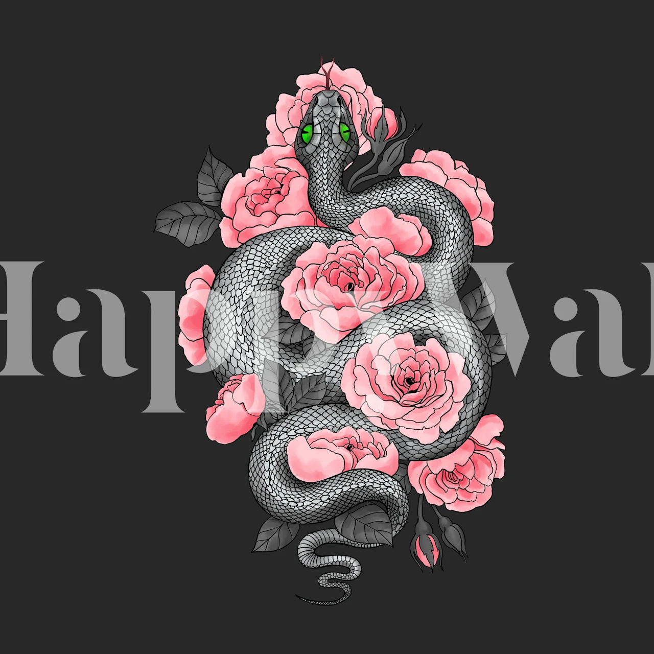 A wall mural featuring a snake among peach roses on a dark background